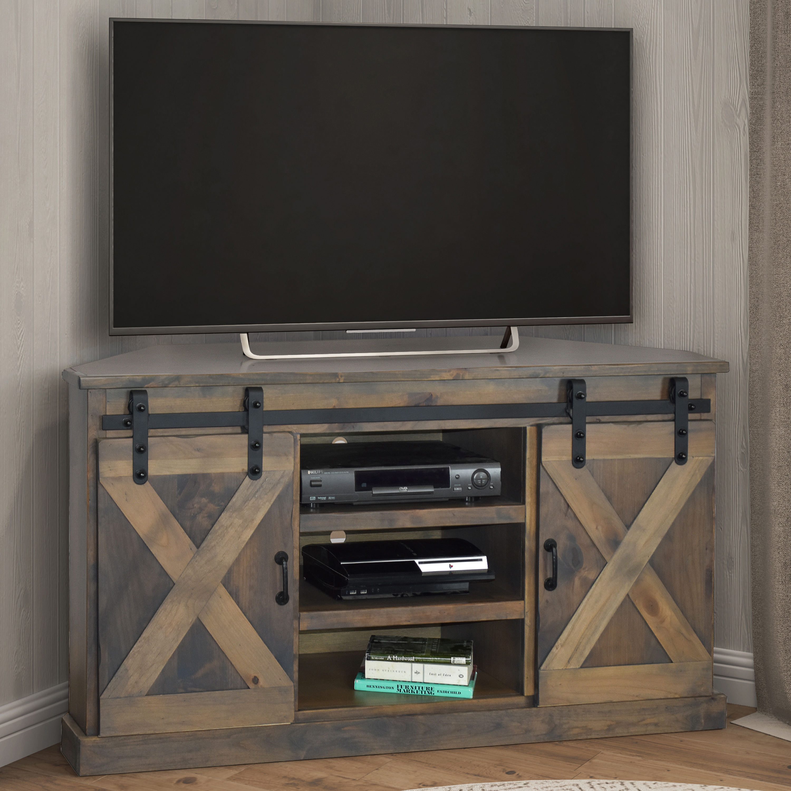 Bridgevine Home Farmhouse 66 inch Corner TV Stand for TVs up to 80 inches, No Assembly Required, Barnwood Finish