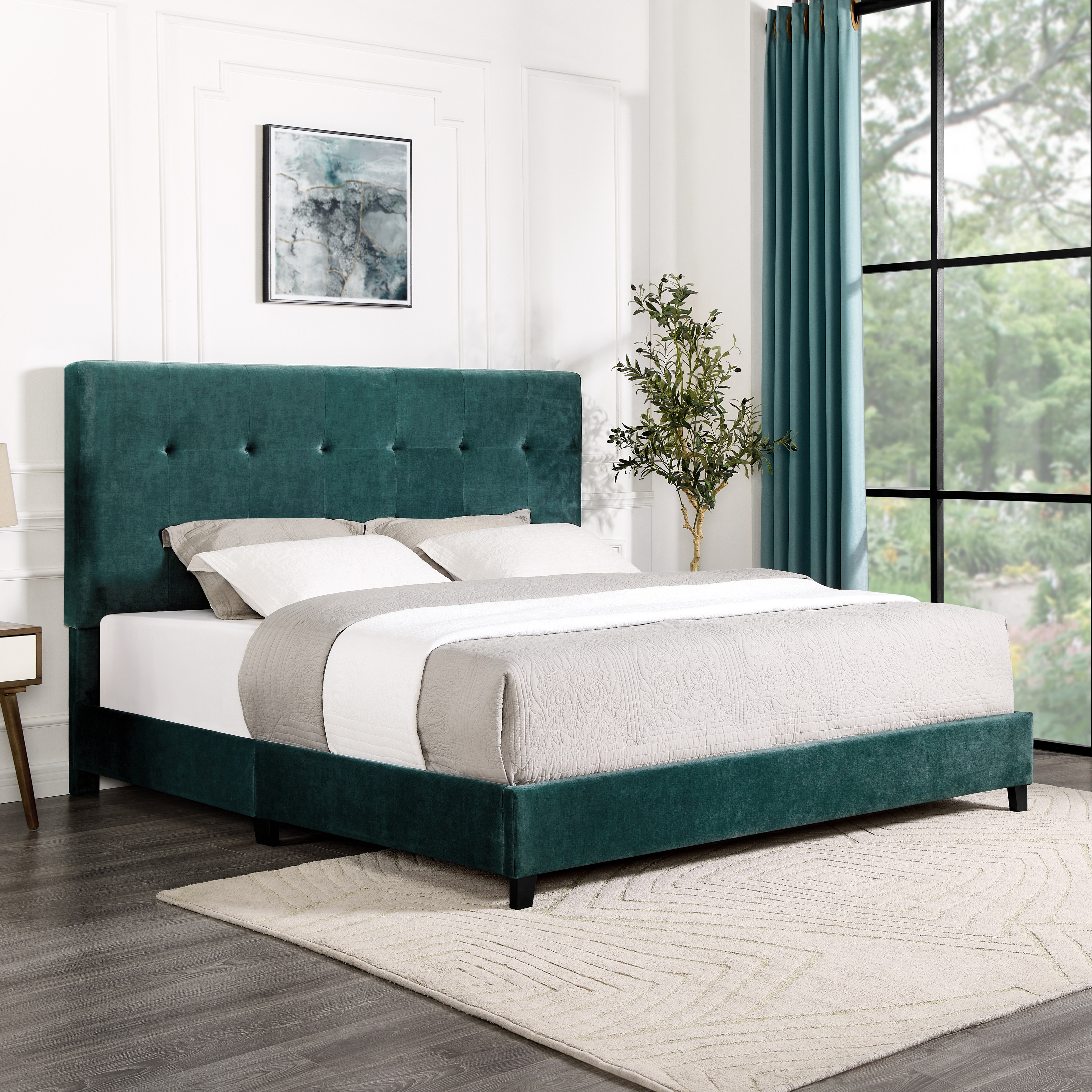 Bridgevine Home King Size Green Velvet Tufted Upholstered Platform Bed