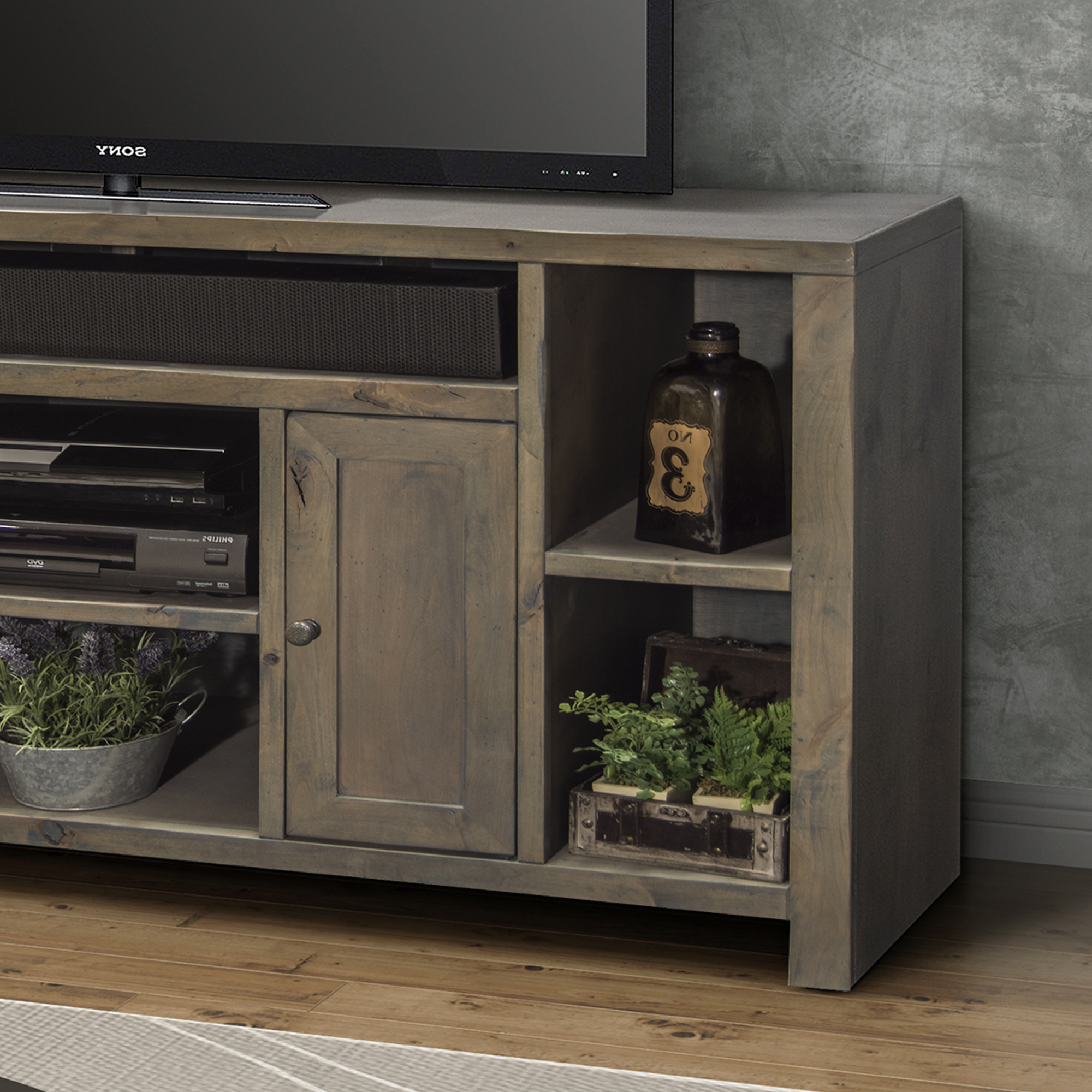 Bridgevine Home Joshua Creek 64 inch TV Stand Console for TVs up to 70 inches, No Assembly Required, Barnwood Finish