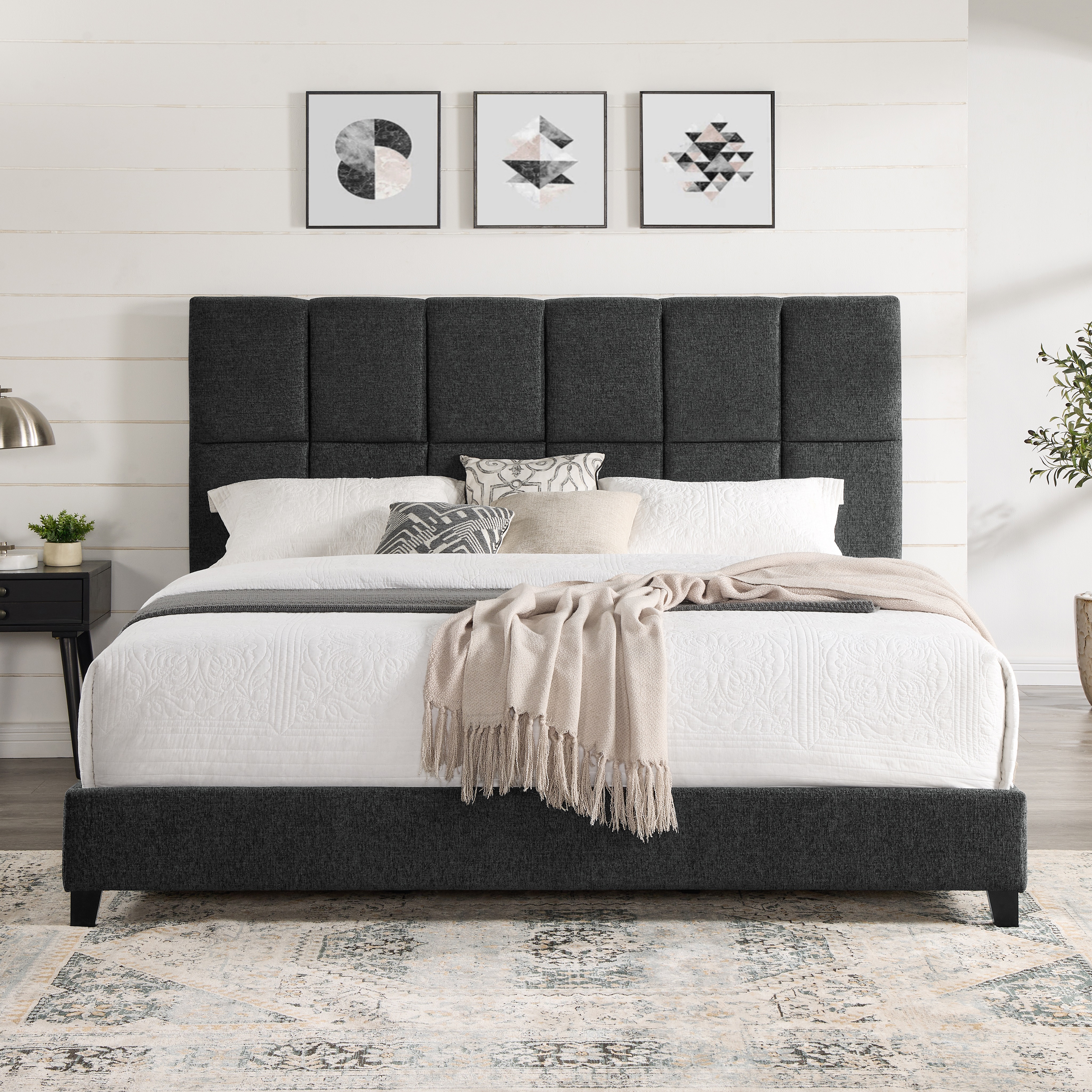 Bridgevine Home King Size Grey Squares Upholstered Platform Bed