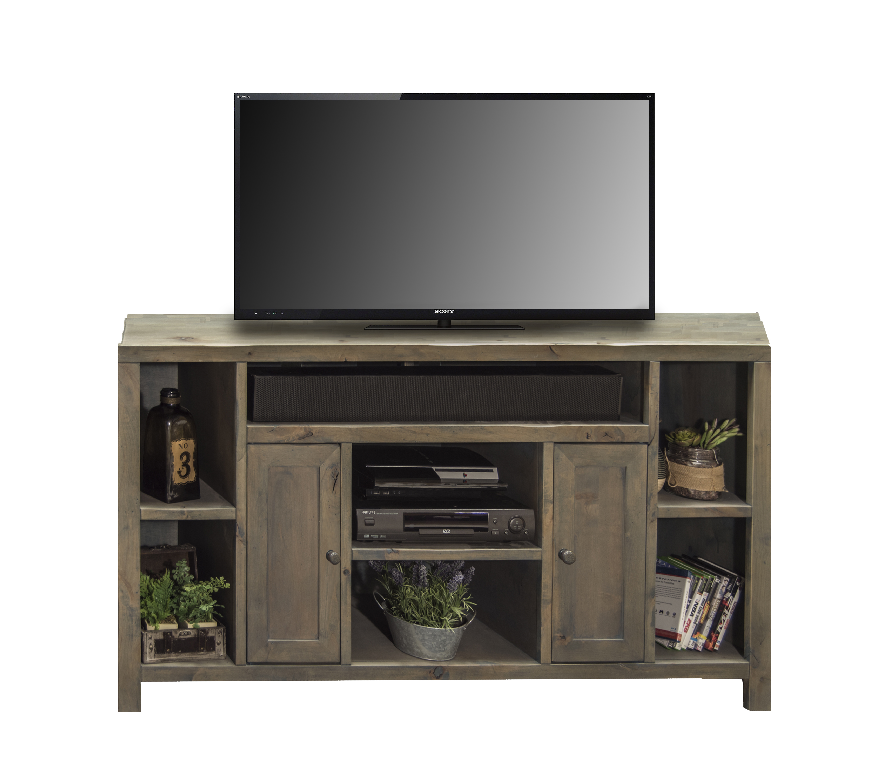 Bridgevine Home Joshua Creek 64 inch TV Stand Console for TVs up to 70 inches, No Assembly Required, Barnwood Finish