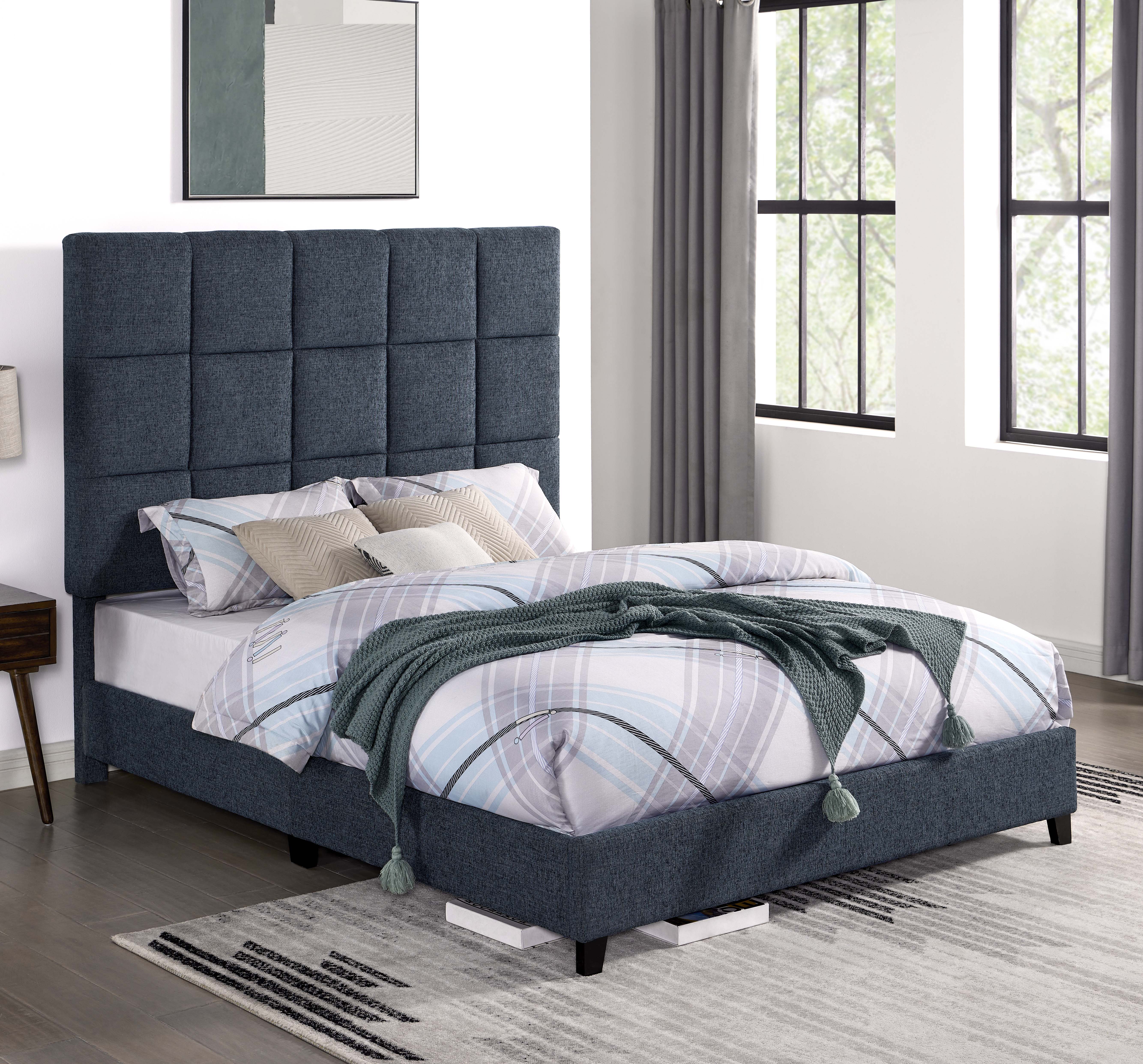 Bridgevine Home Queen Size Navy Blue Denim Squares Upholstered Platform Bed