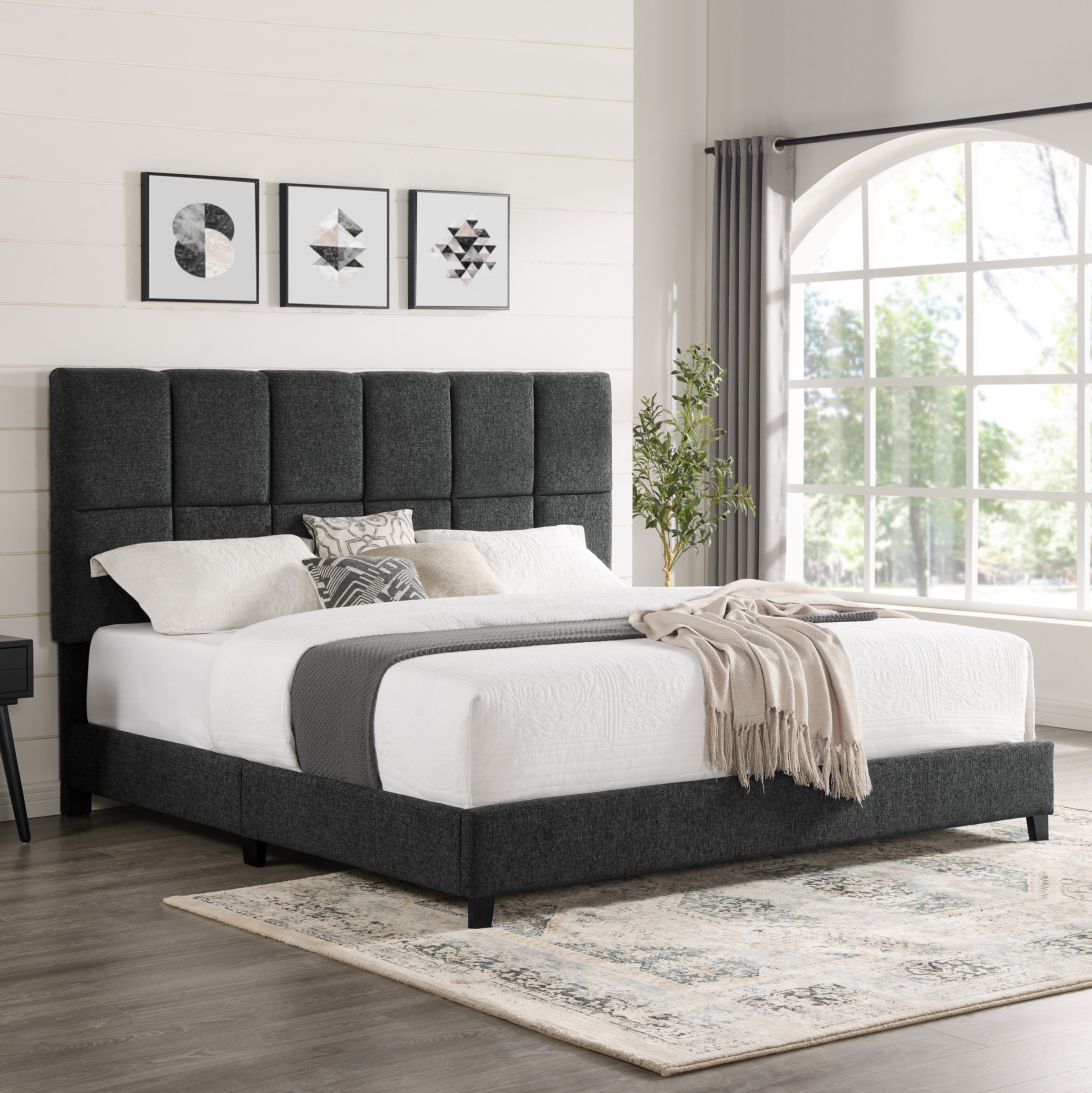 Bridgevine Home King Size Grey Squares Upholstered Platform Bed