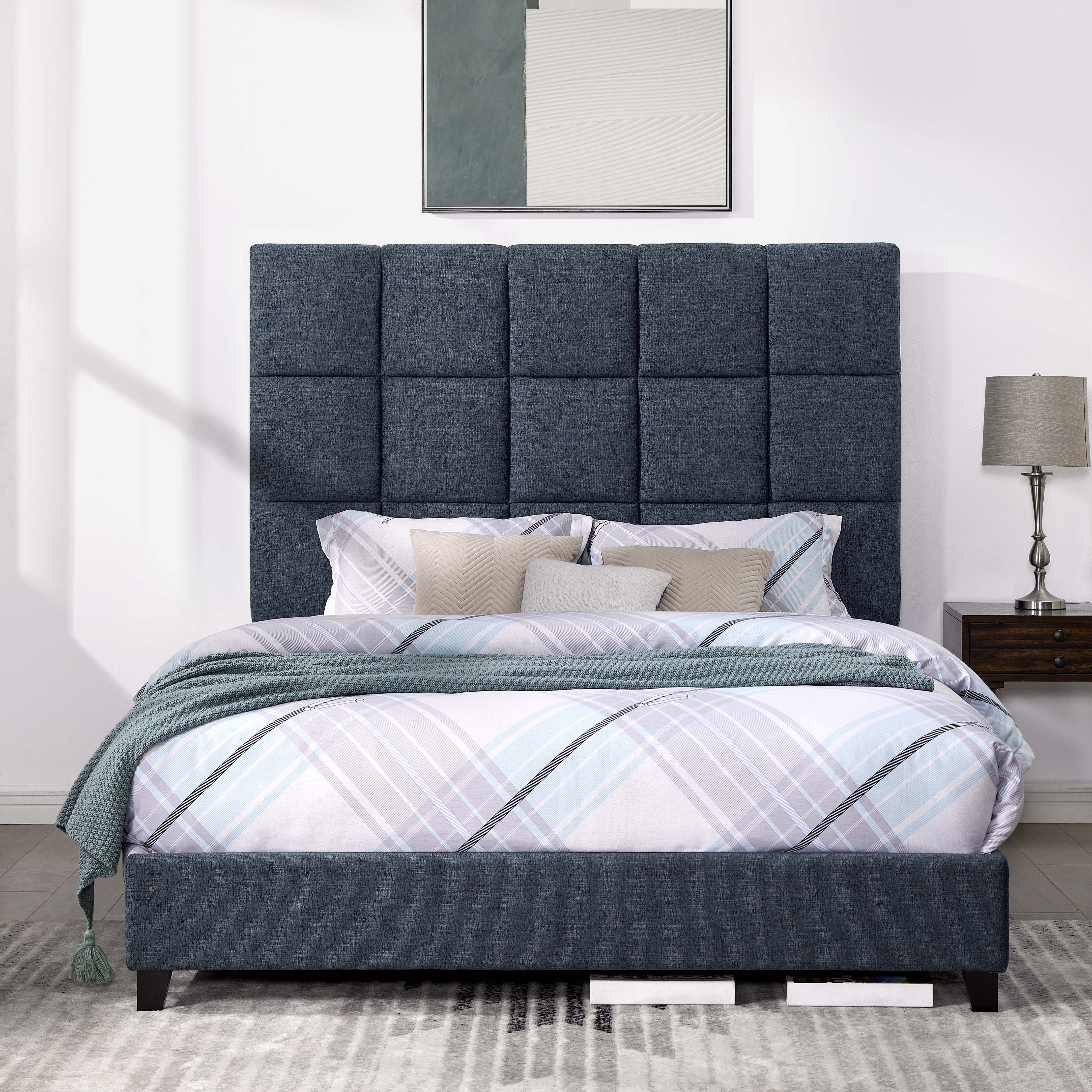 Bridgevine Home Queen Size Navy Blue Denim Squares Upholstered Platform Bed