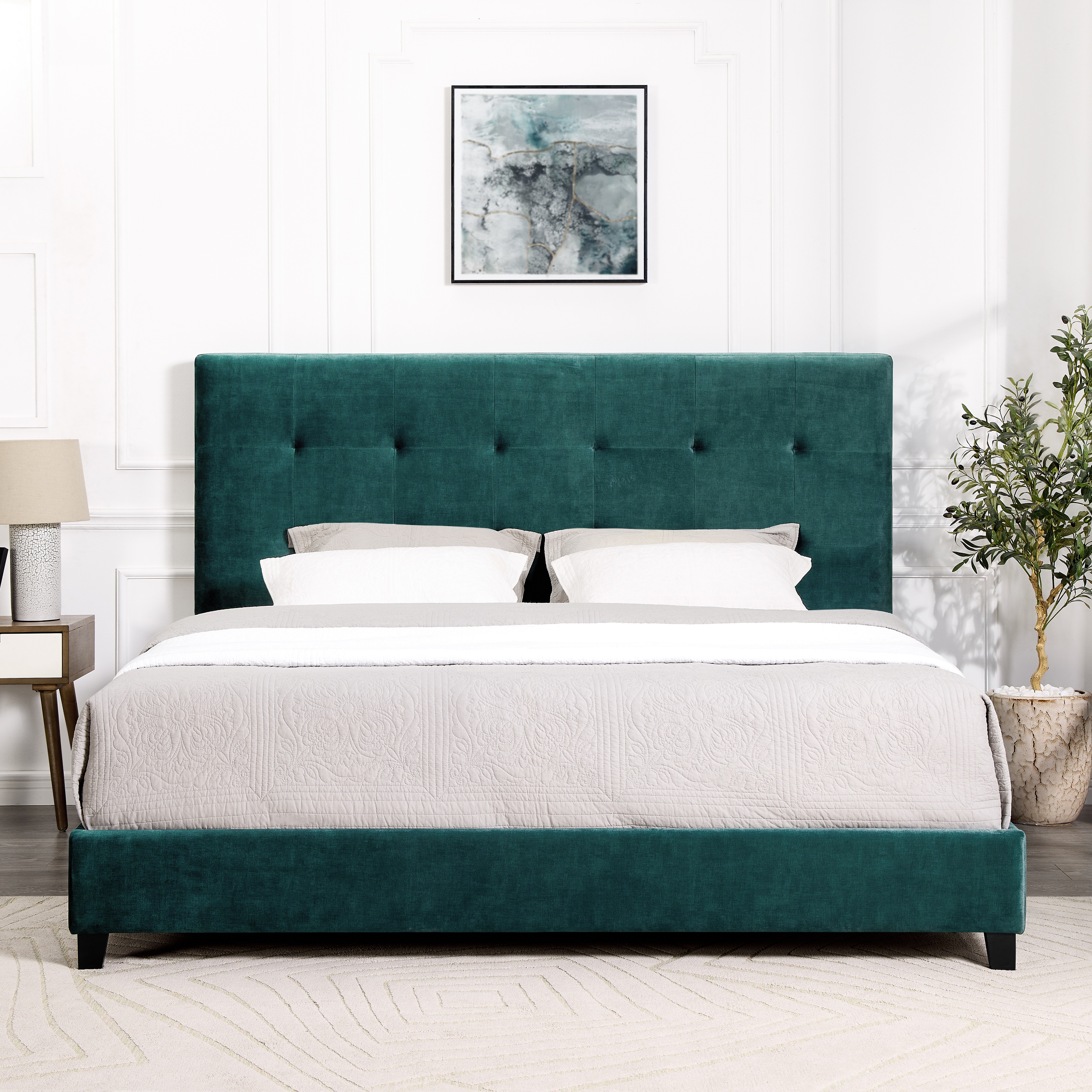 Bridgevine Home King Size Green Velvet Tufted Upholstered Platform Bed