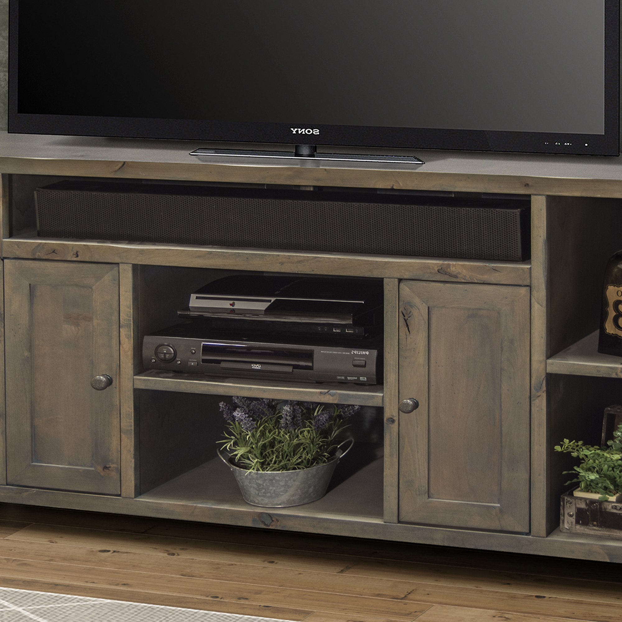 Bridgevine Home Joshua Creek 64 inch TV Stand Console for TVs up to 70 inches, No Assembly Required, Barnwood Finish