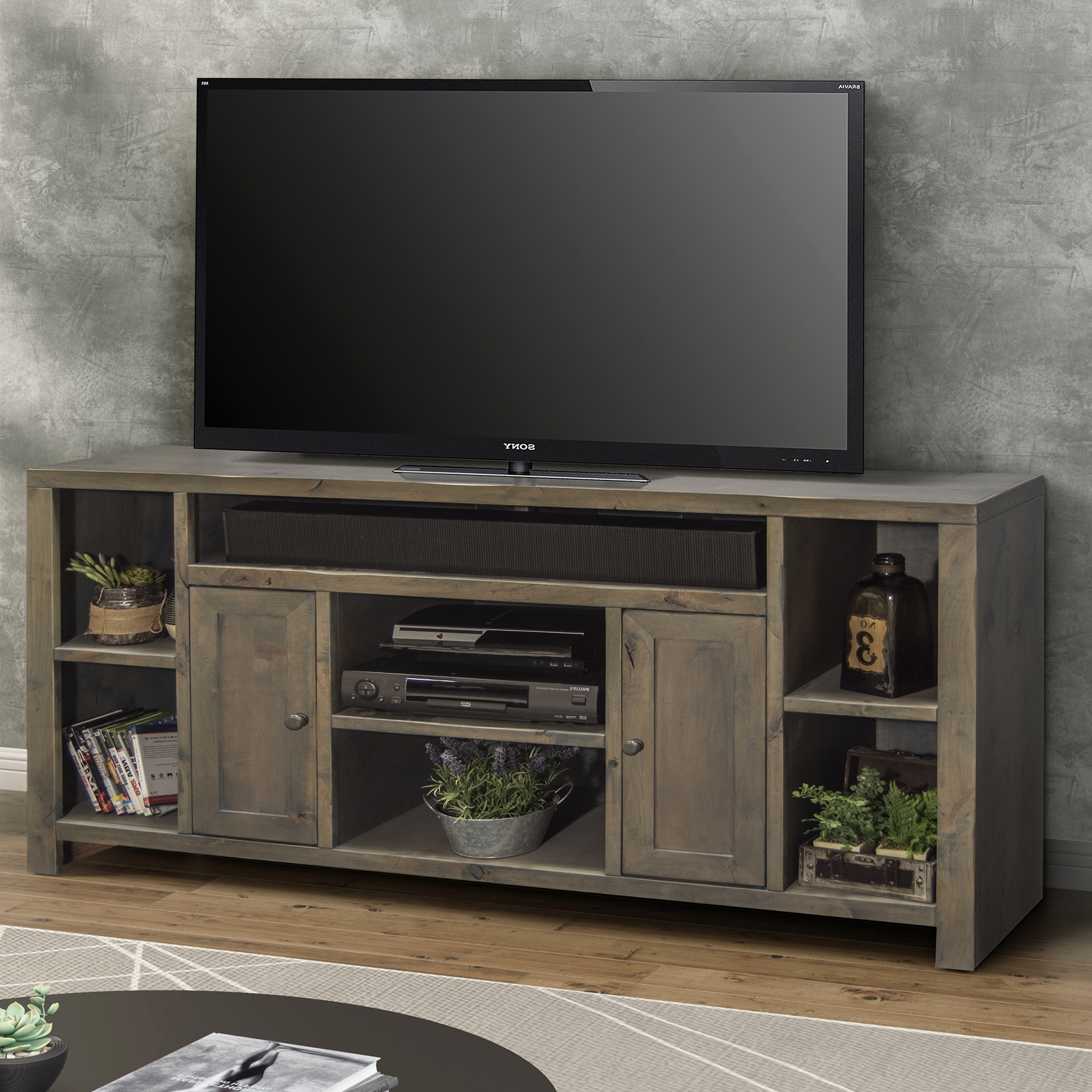 Bridgevine Home Joshua Creek 64 inch TV Stand Console for TVs up to 70 inches, No Assembly Required, Barnwood Finish