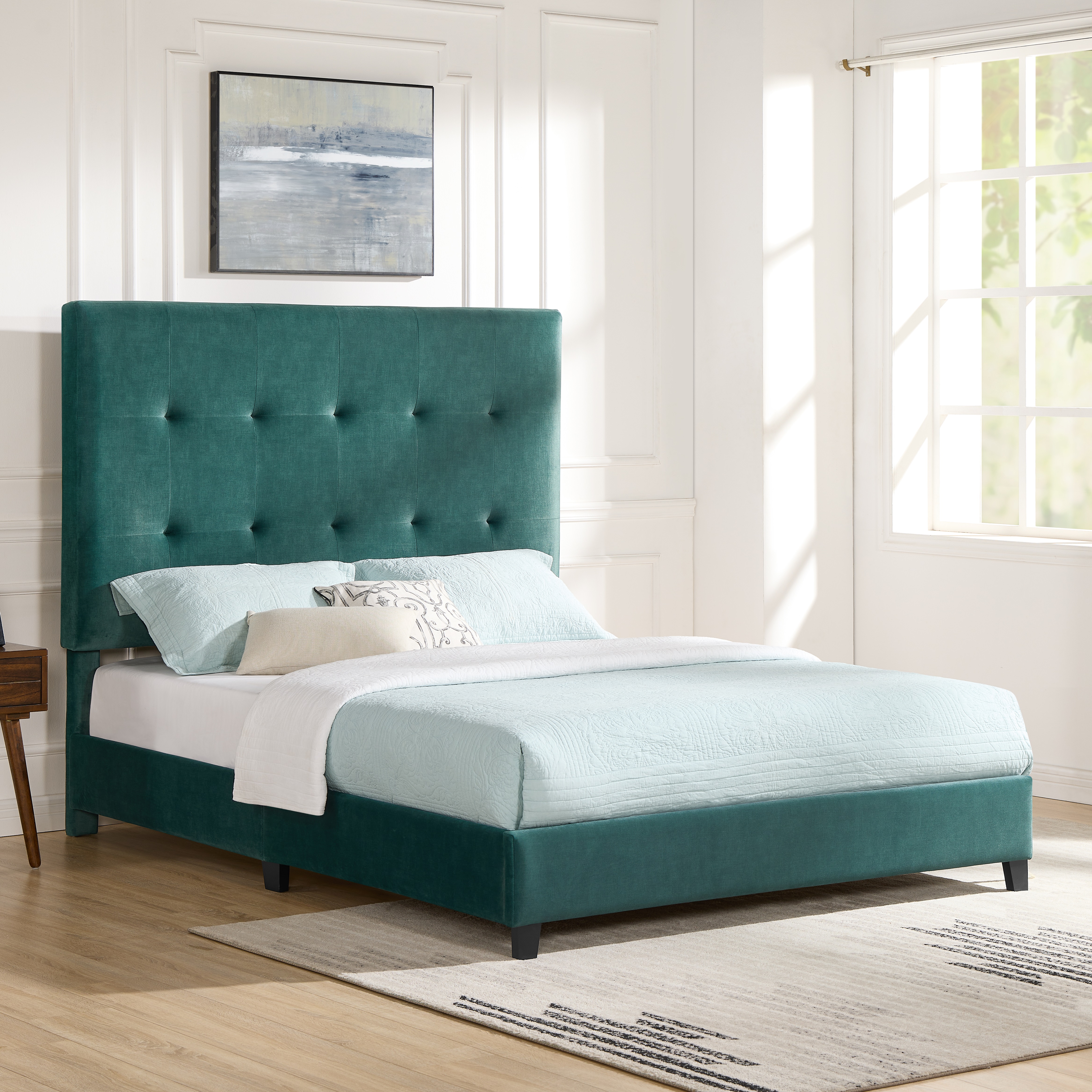 Bridgevine Home Queen Size Green Velvet Tufted Upholstered Platform Bed