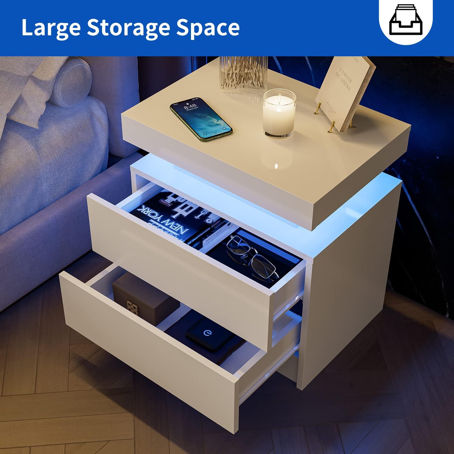 Nightstand LED Bedside Table Cabinet Lights Modern End Side with 2 Drawers for Bedroom (White)