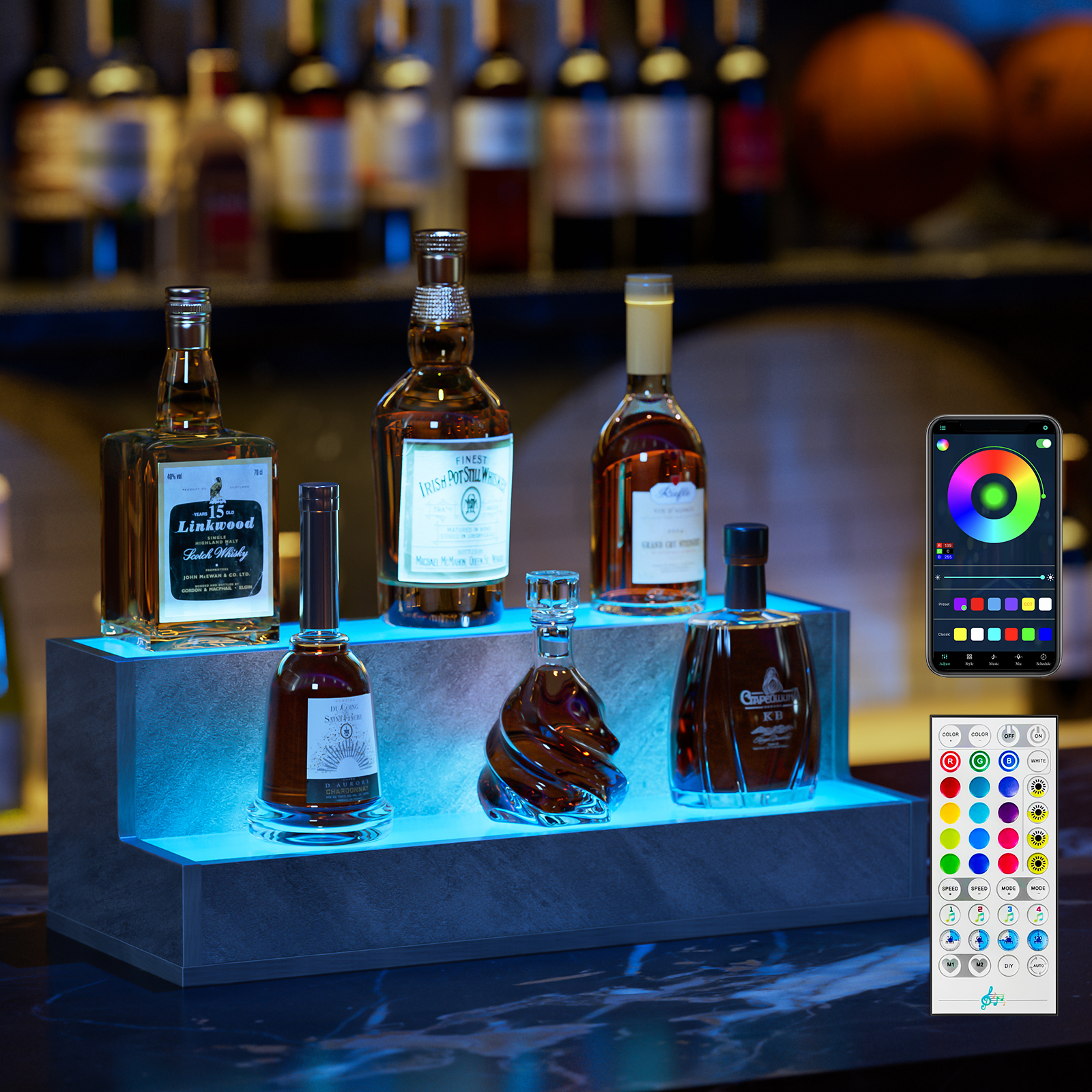 LED Lighted Liquor Bottle Display Shelf, 20 Inch Bar Display Shelf, DIY Illuminated Bottle Shelf with App & Remote Control, 2 Step Freestanding Holding Bottles for Home Bar, Party, Grey