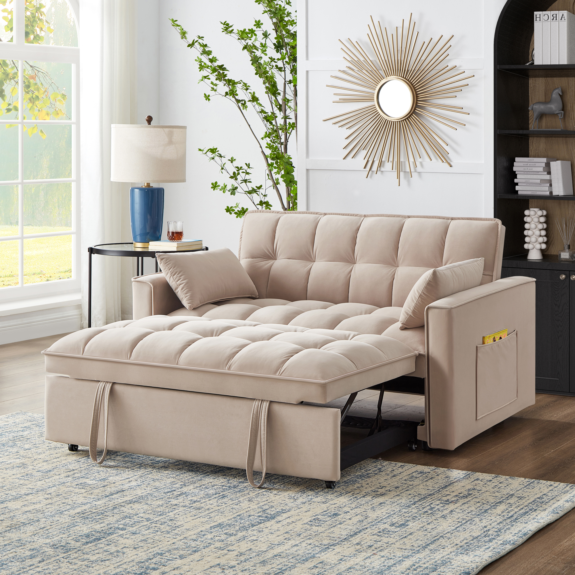 4 in1 Loveseat Sofa Bed with Armrests & Storage Pockets, Multi-Function Tufted Pull-out Sofa Bed with Adjustable Backrest and Pillows, Convertible Loveseat Sofa Couch,Taupe