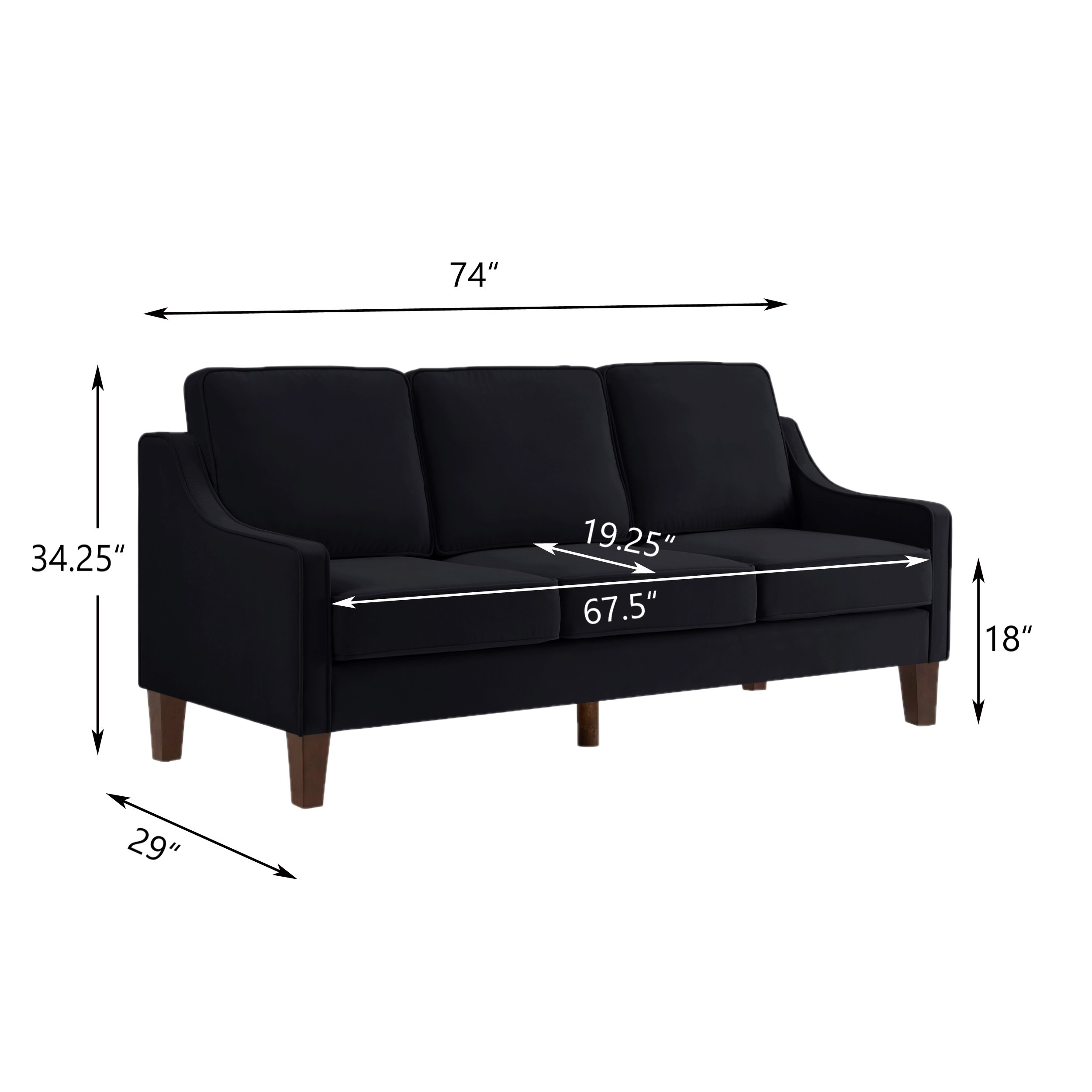 Modern 3 Piece seat  Sofa Couch with Scooped Armrest/Wood legs,Upholstered Velvet 3-seat Sofa with Removable Cushions for Livingroom Bedroom,Black