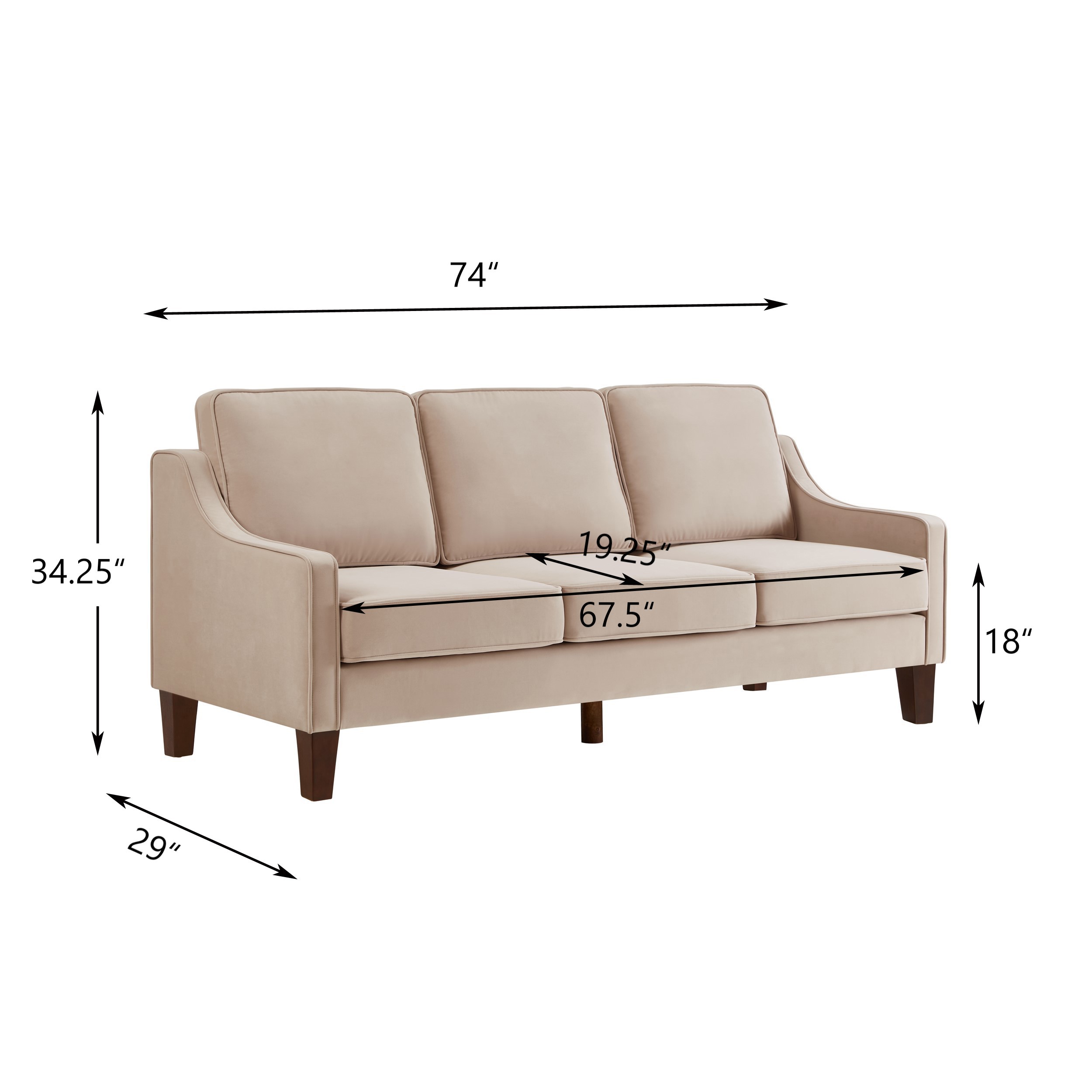 Modern 3 Piece seat  Sofa Couch with Scooped Armrest/Wood legs,Upholstered Velvet 3-seat Sofa with Removable Cushions for Livingroom Bedroom,Taupe