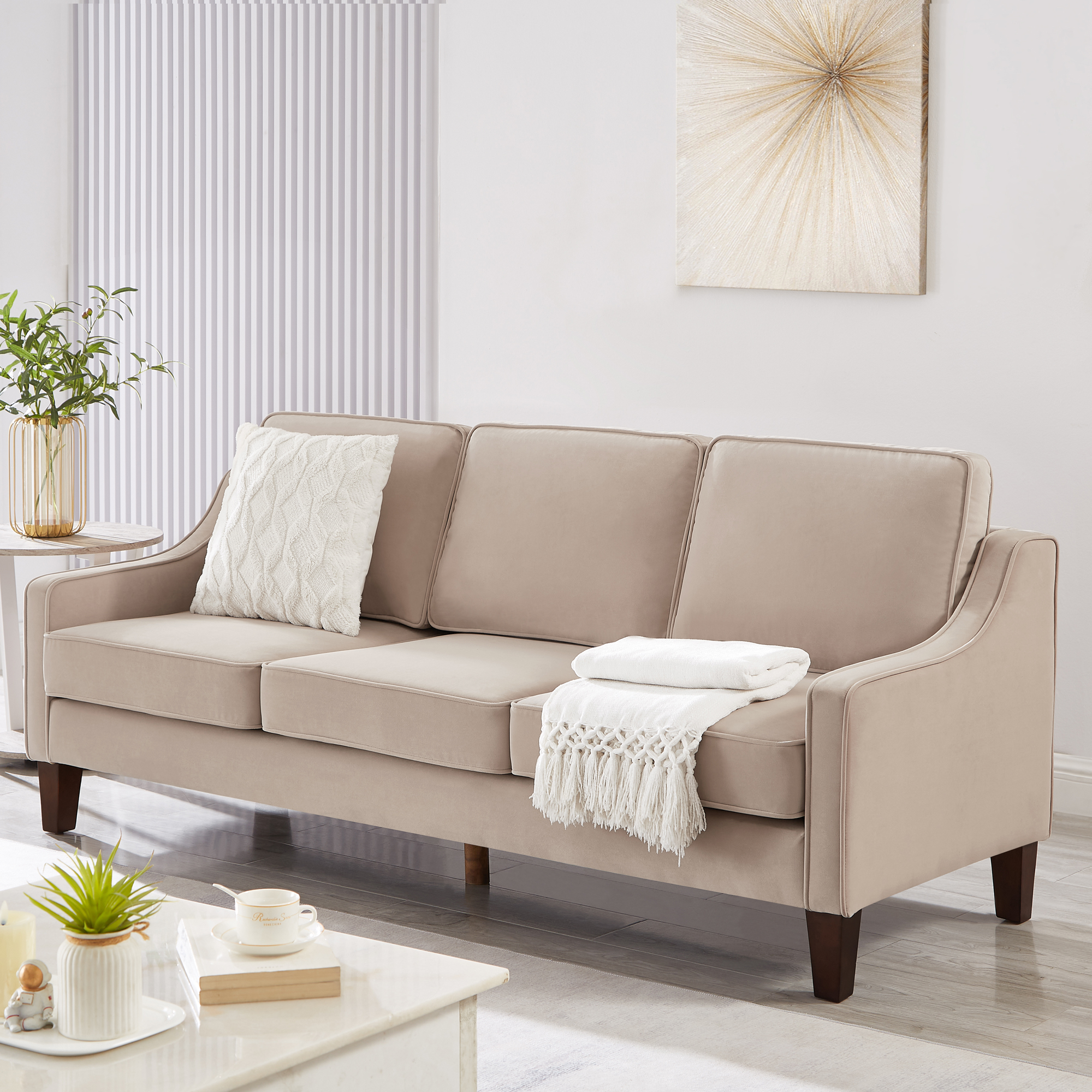 Modern 3 Piece seat  Sofa Couch with Scooped Armrest/Wood legs,Upholstered Velvet 3-seat Sofa with Removable Cushions for Livingroom Bedroom,Taupe