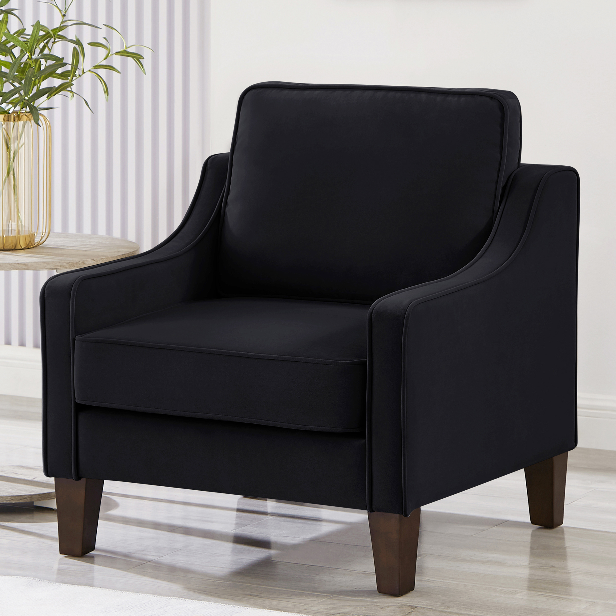 Modern Armchair, Living Room Single Seat Sofa Chair with Wooden Legs, Upholstered Velvet Accent Chair for Living Room, Bedroom,Black