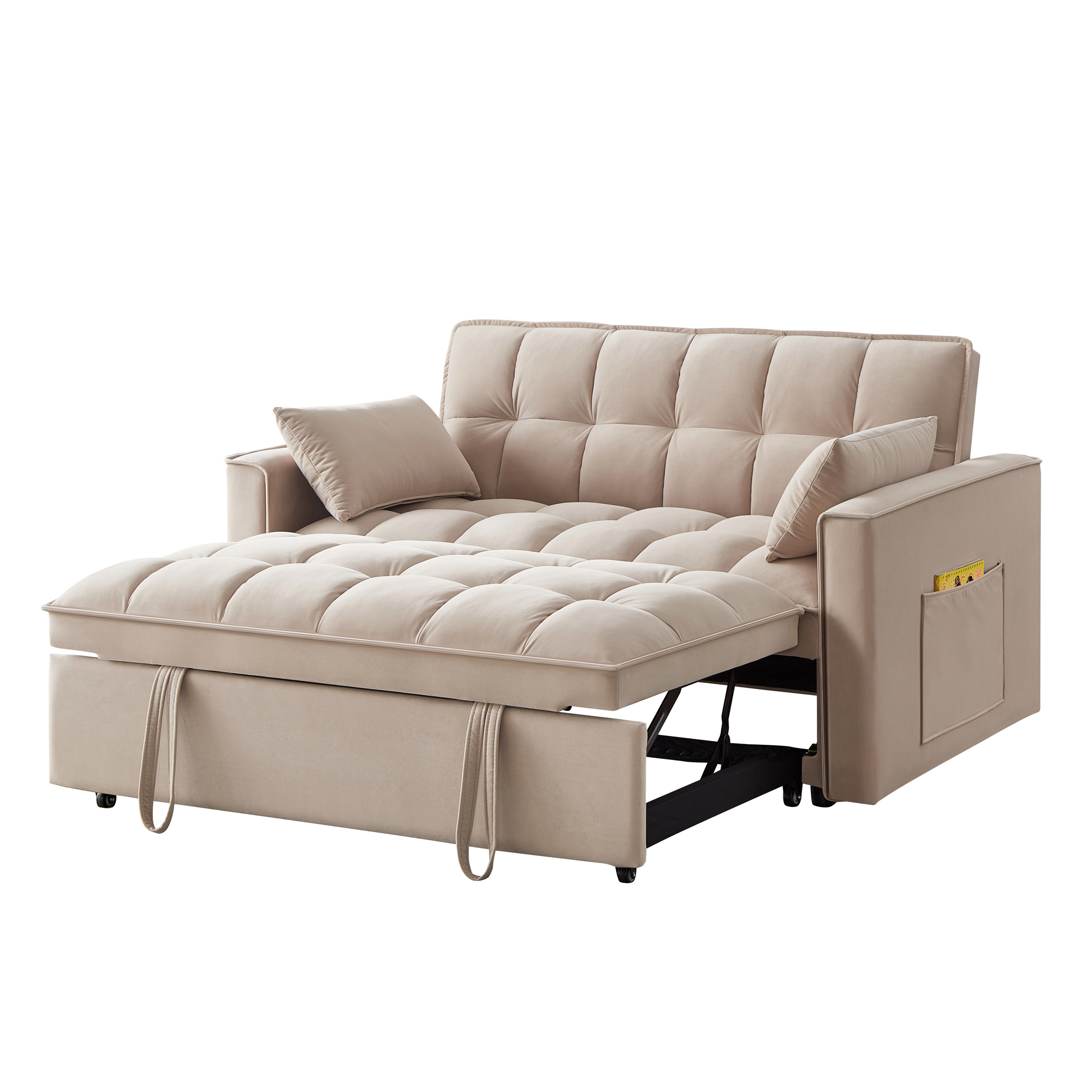 4 in1 Loveseat Sofa Bed with Armrests & Storage Pockets, Multi-Function Tufted Pull-out Sofa Bed with Adjustable Backrest and Pillows, Convertible Loveseat Sofa Couch,Taupe