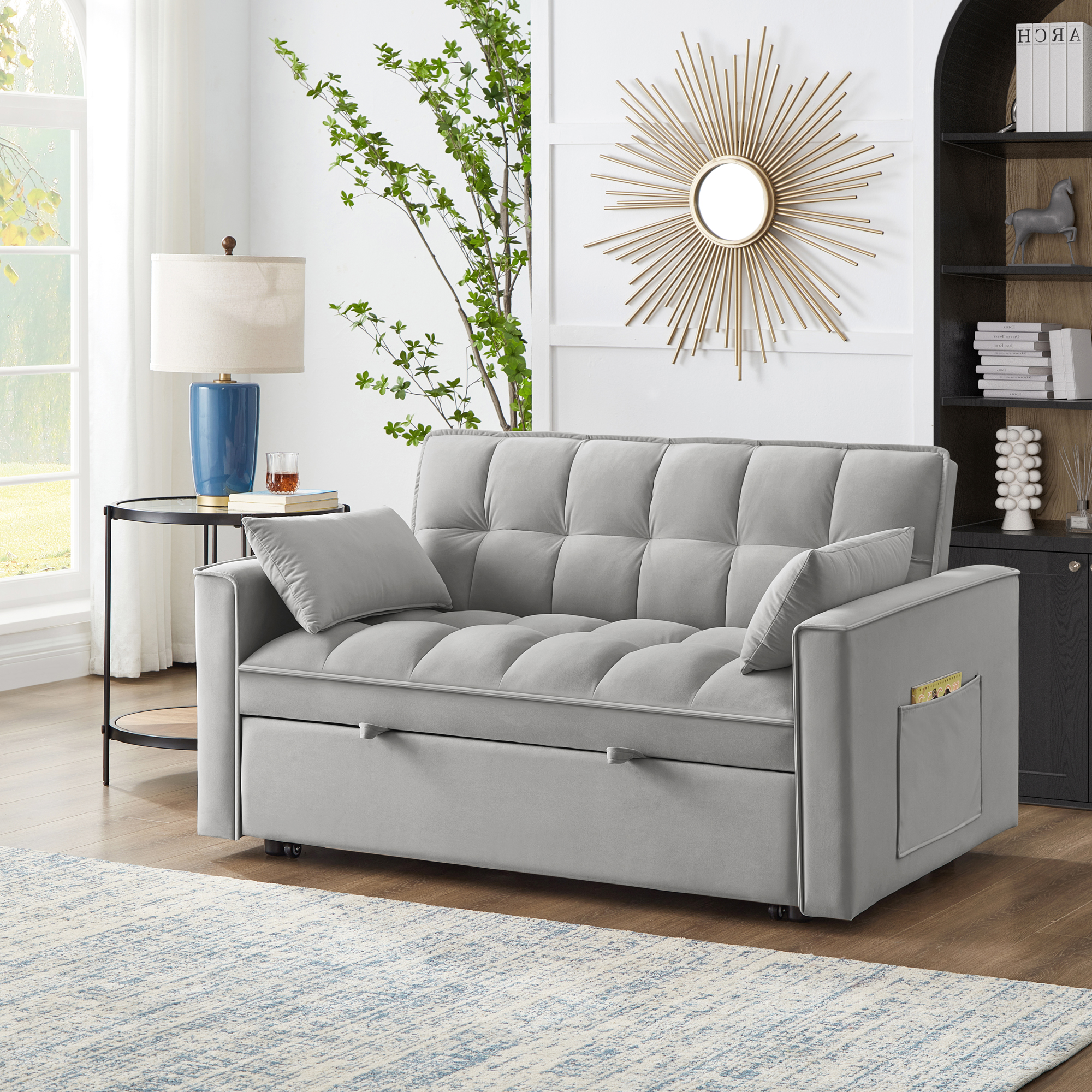 4 in1 Loveseat Sofa Bed with Armrests & Storage Pockets, Multi-Function Tufted Pull-out Sofa Bed with Adjustable Backrest and Pillows, Convertible Loveseat Sofa Couch, Gray