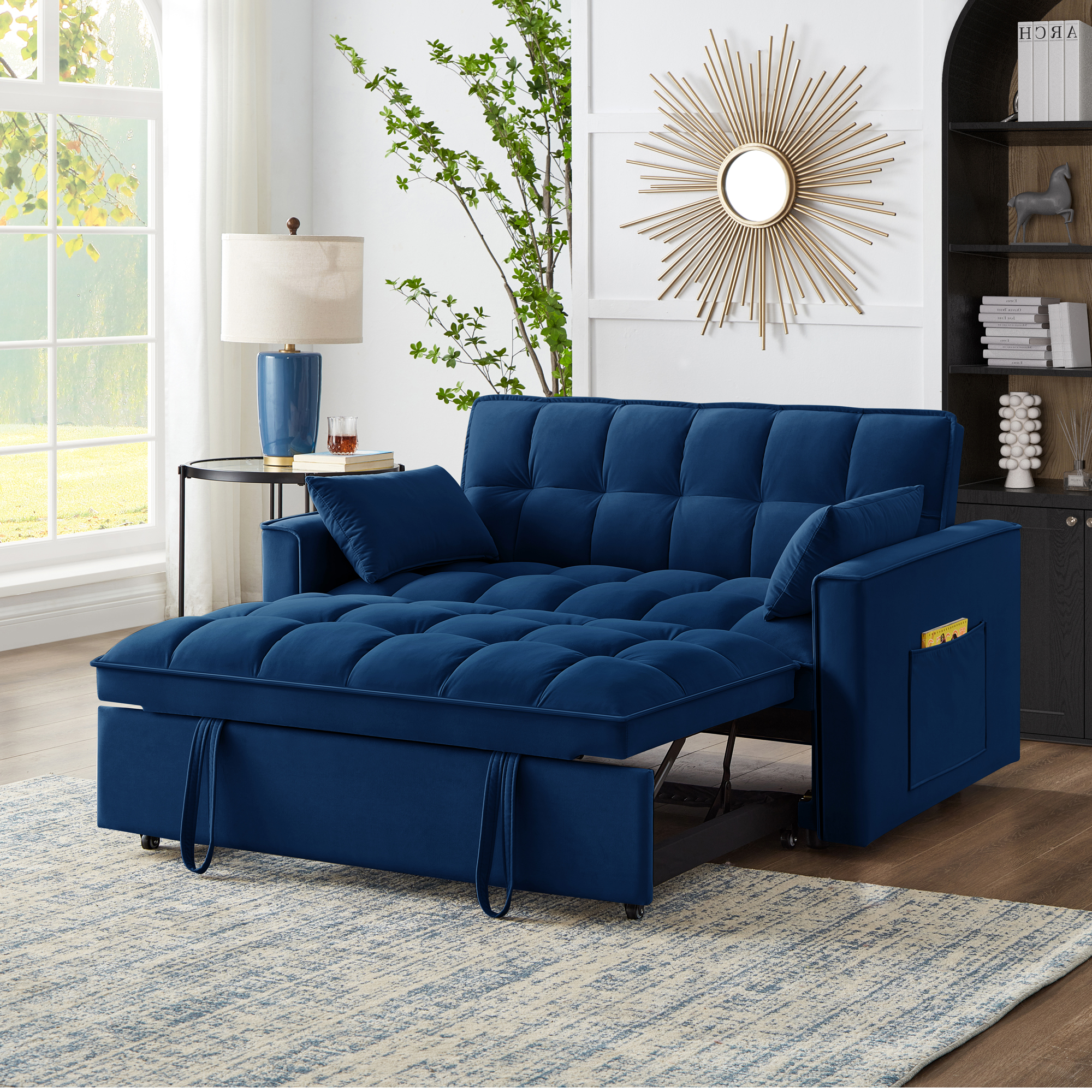 4 in1 Loveseat Sofa Bed with Armrests & Storage Pockets, Multi-Function Tufted Pull-out Sofa Bed with Adjustable Backrest and Pillows, Convertible Loveseat Sofa Couch, Navy