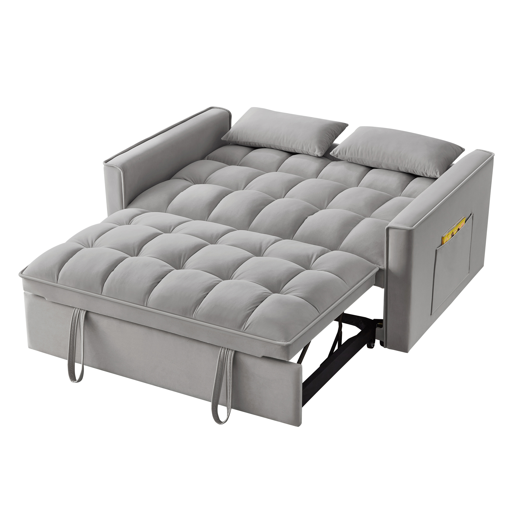 4 in1 Loveseat Sofa Bed with Armrests & Storage Pockets, Multi-Function Tufted Pull-out Sofa Bed with Adjustable Backrest and Pillows, Convertible Loveseat Sofa Couch, Gray