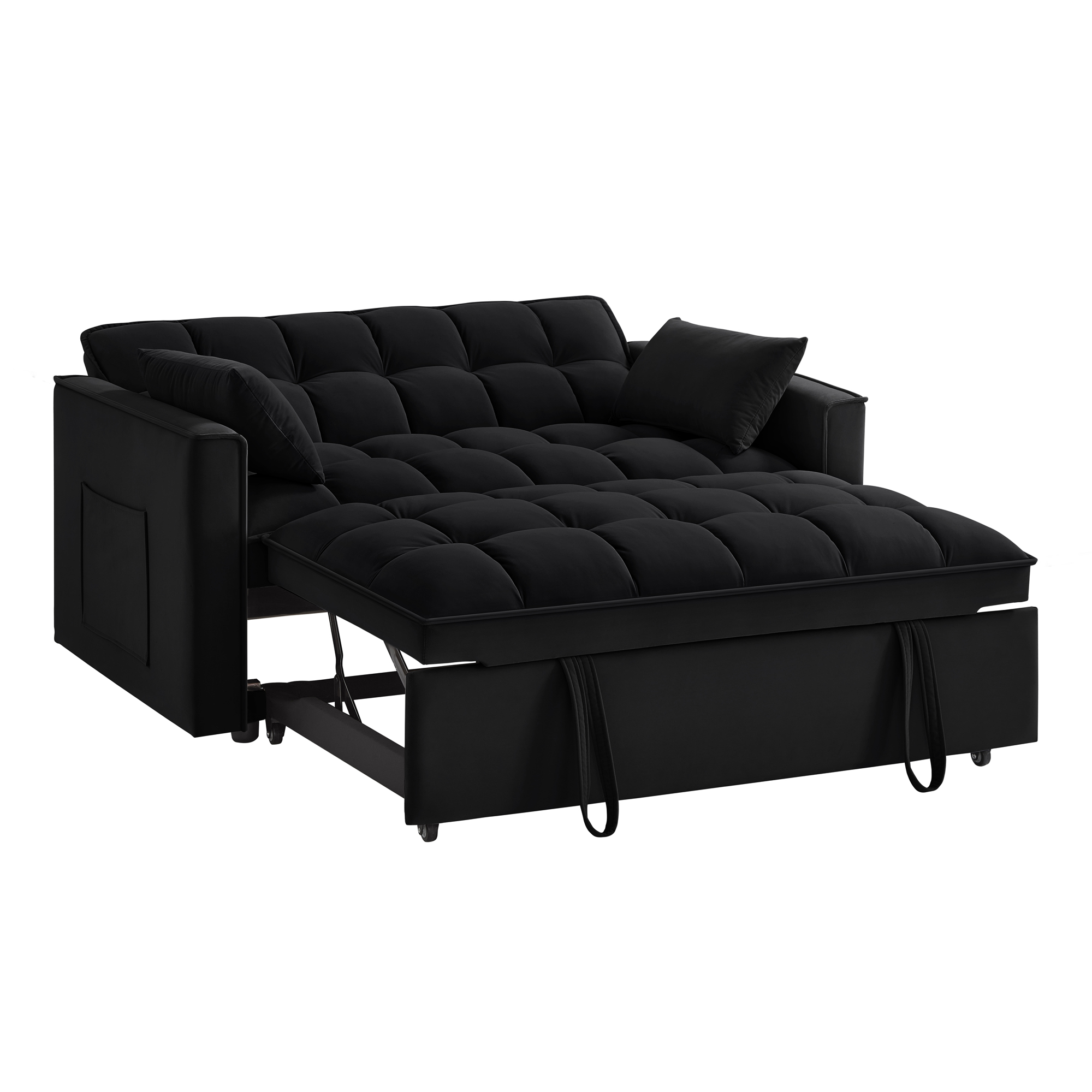 4 in1 Loveseat Sofa Bed with Armrests & Storage Pockets, Multi-Function Tufted Pull-out Sofa Bed with Adjustable Backrest and Pillows, Convertible Loveseat Sofa Couch,Black