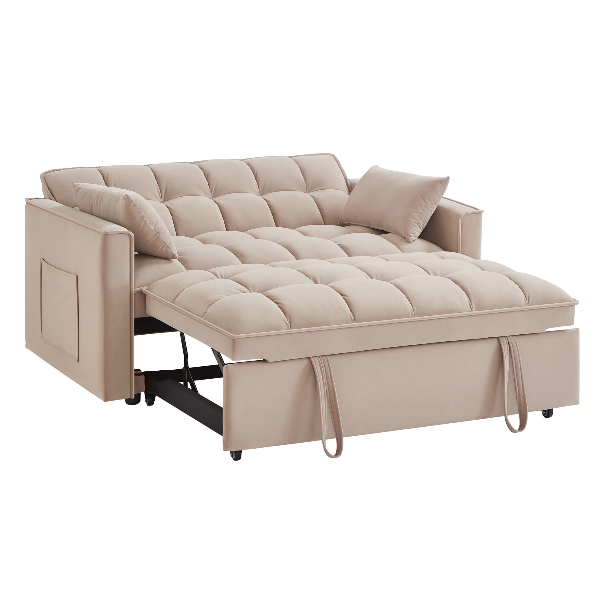 4 in1 Loveseat Sofa Bed with Armrests & Storage Pockets, Multi-Function Tufted Pull-out Sofa Bed with Adjustable Backrest and Pillows, Convertible Loveseat Sofa Couch,Taupe