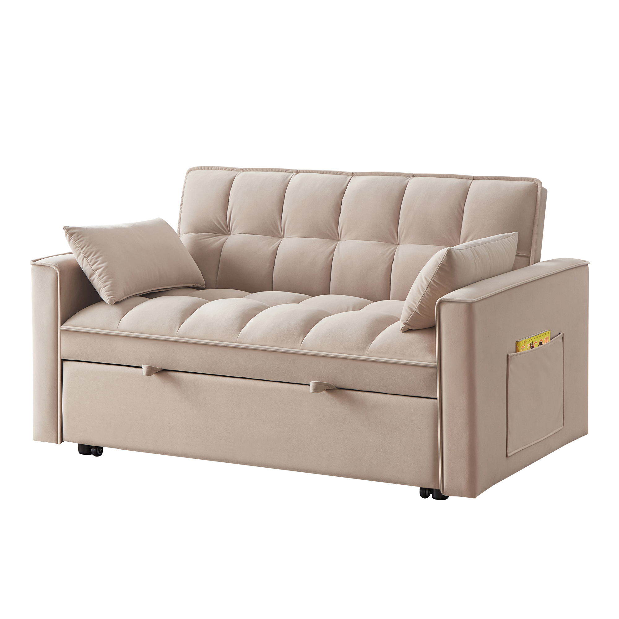 4 in1 Loveseat Sofa Bed with Armrests & Storage Pockets, Multi-Function Tufted Pull-out Sofa Bed with Adjustable Backrest and Pillows, Convertible Loveseat Sofa Couch,Taupe