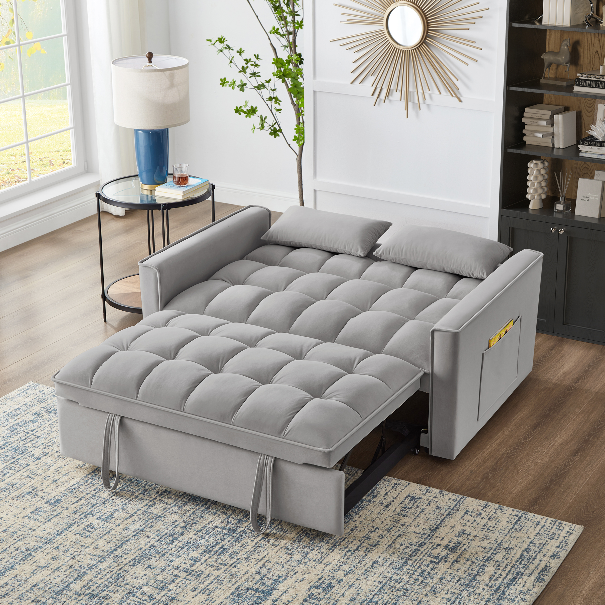 4 in1 Loveseat Sofa Bed with Armrests & Storage Pockets, Multi-Function Tufted Pull-out Sofa Bed with Adjustable Backrest and Pillows, Convertible Loveseat Sofa Couch, Gray