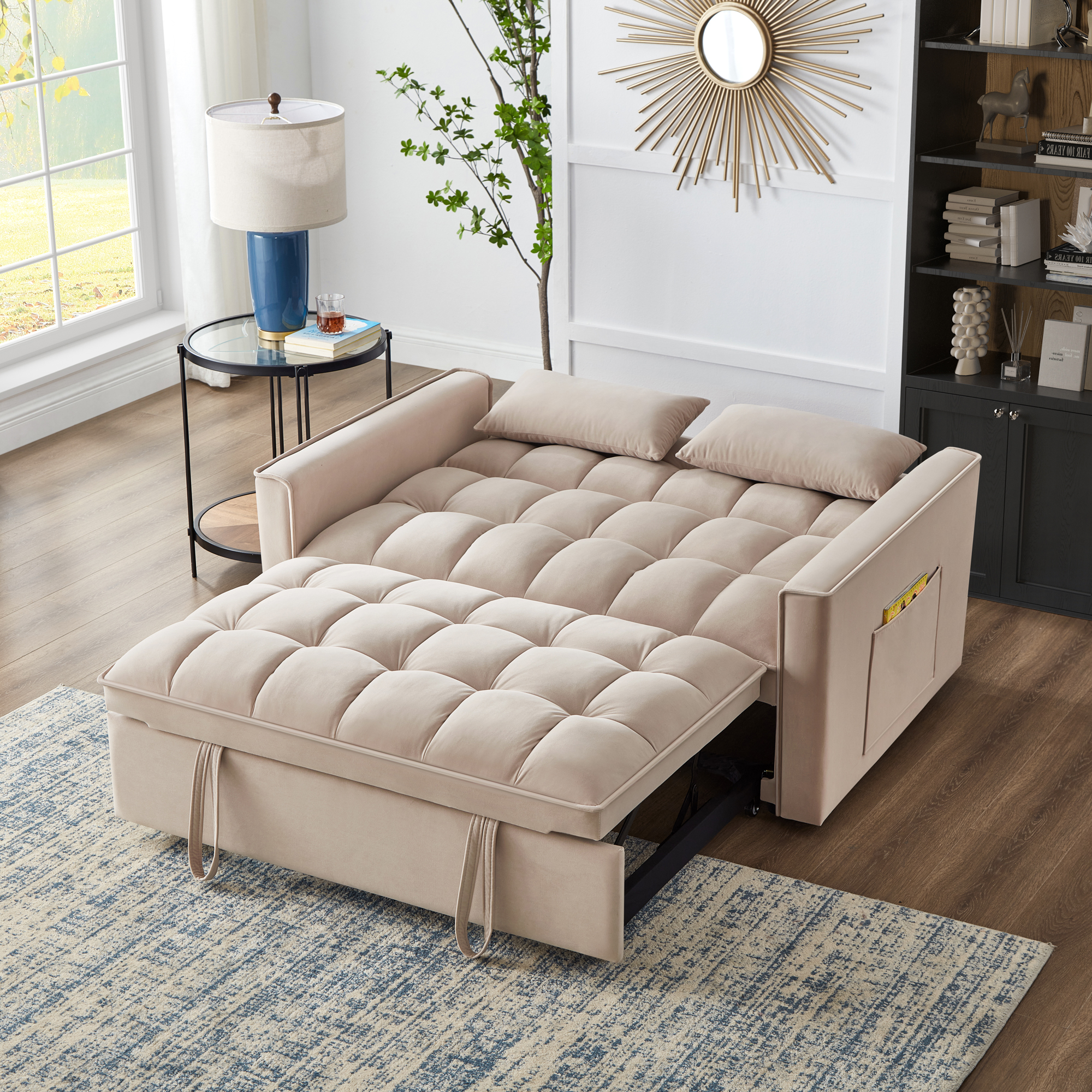 4 in1 Loveseat Sofa Bed with Armrests & Storage Pockets, Multi-Function Tufted Pull-out Sofa Bed with Adjustable Backrest and Pillows, Convertible Loveseat Sofa Couch,Taupe