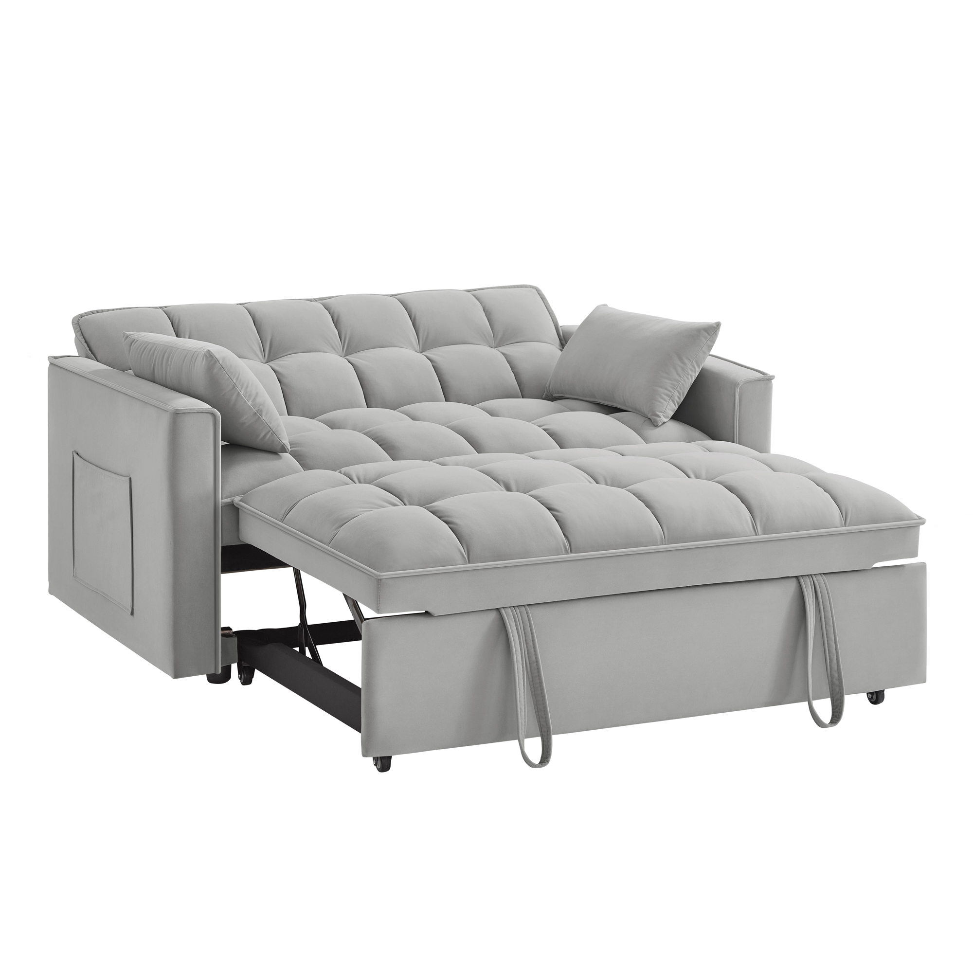 4 in1 Loveseat Sofa Bed with Armrests & Storage Pockets, Multi-Function Tufted Pull-out Sofa Bed with Adjustable Backrest and Pillows, Convertible Loveseat Sofa Couch, Gray