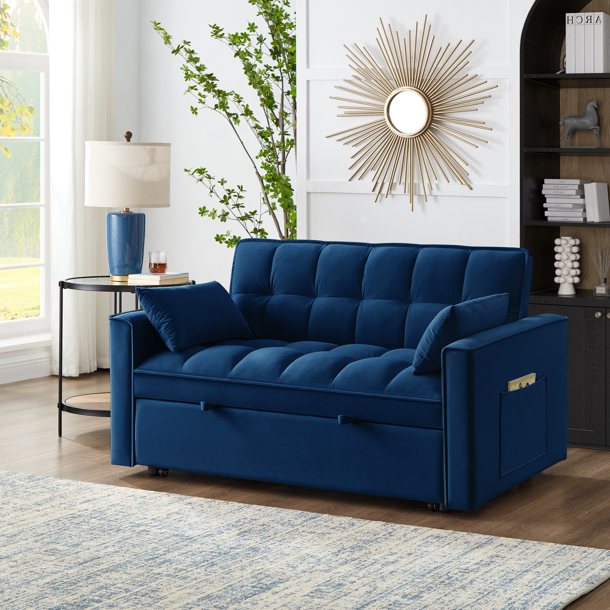 4 in1 Loveseat Sofa Bed with Armrests & Storage Pockets, Multi-Function Tufted Pull-out Sofa Bed with Adjustable Backrest and Pillows, Convertible Loveseat Sofa Couch, Navy