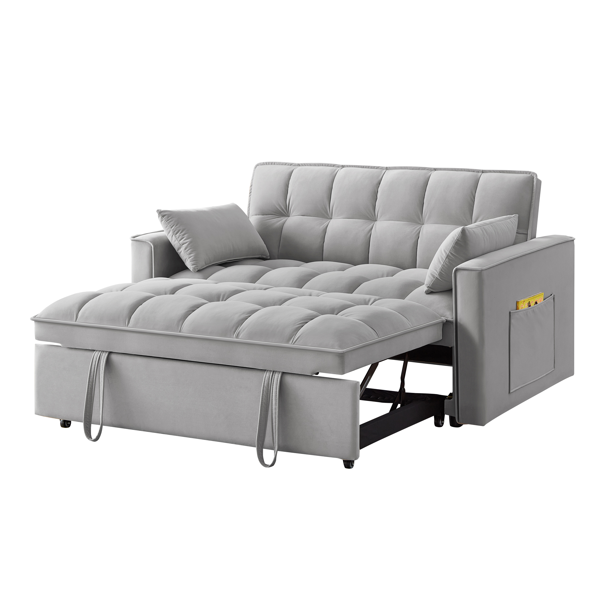 4 in1 Loveseat Sofa Bed with Armrests & Storage Pockets, Multi-Function Tufted Pull-out Sofa Bed with Adjustable Backrest and Pillows, Convertible Loveseat Sofa Couch, Gray