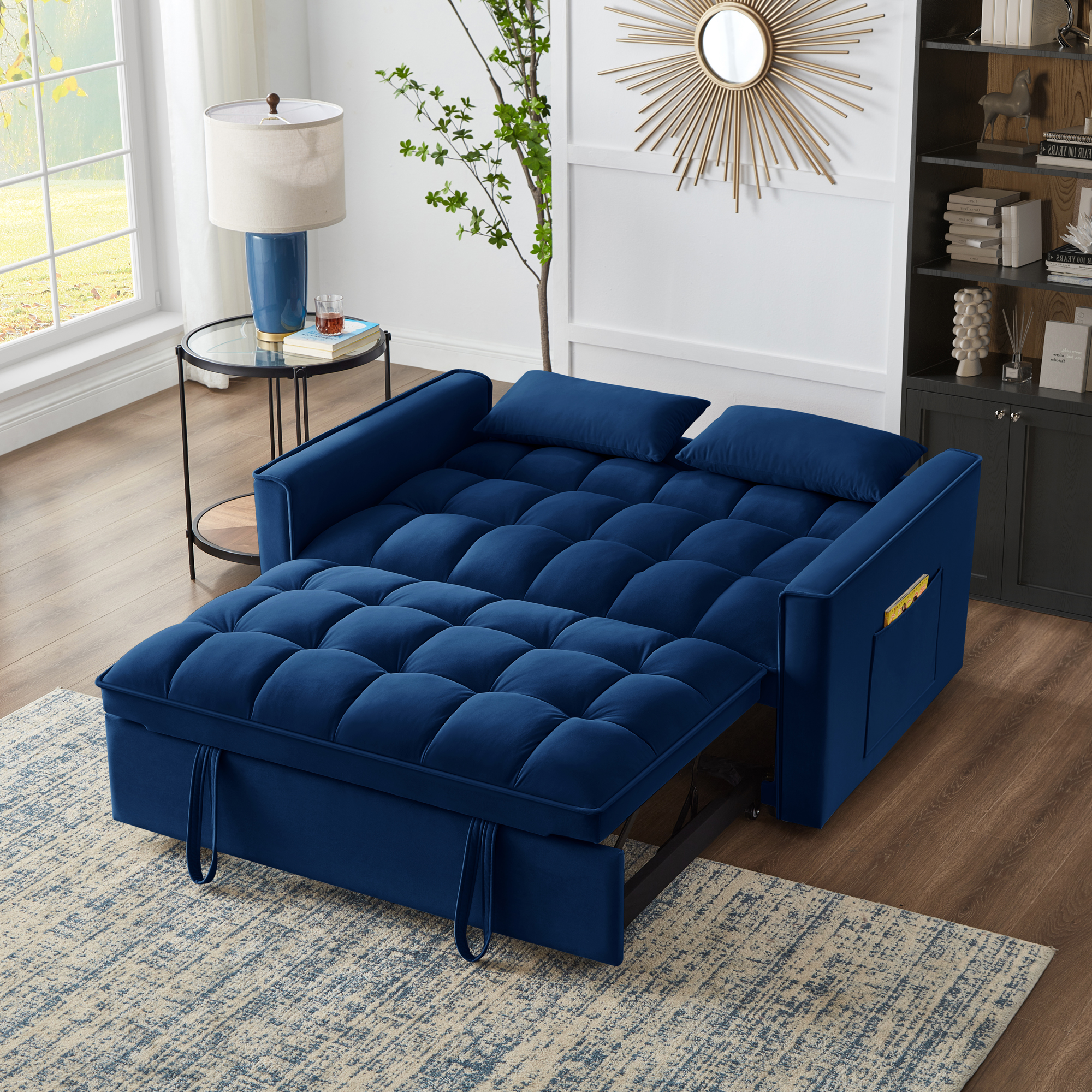 4 in1 Loveseat Sofa Bed with Armrests & Storage Pockets, Multi-Function Tufted Pull-out Sofa Bed with Adjustable Backrest and Pillows, Convertible Loveseat Sofa Couch, Navy