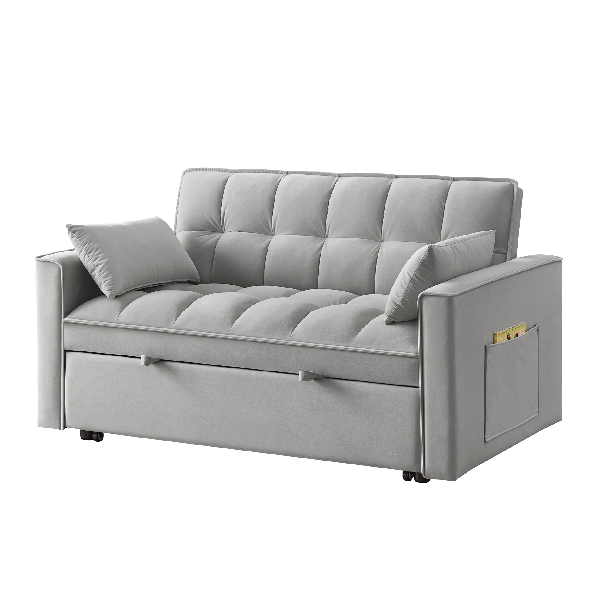 4 in1 Loveseat Sofa Bed with Armrests & Storage Pockets, Multi-Function Tufted Pull-out Sofa Bed with Adjustable Backrest and Pillows, Convertible Loveseat Sofa Couch, Gray