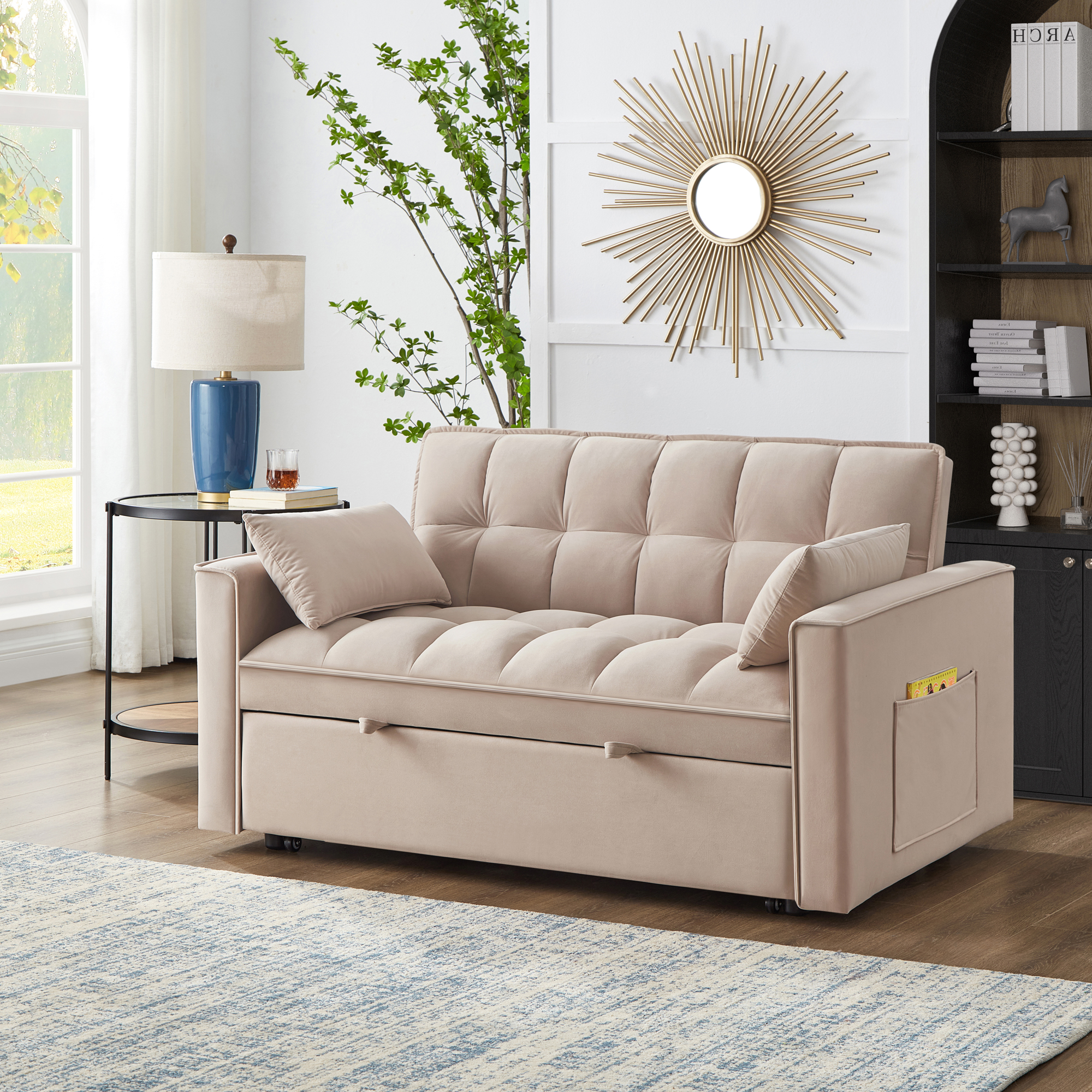 4 in1 Loveseat Sofa Bed with Armrests & Storage Pockets, Multi-Function Tufted Pull-out Sofa Bed with Adjustable Backrest and Pillows, Convertible Loveseat Sofa Couch,Taupe