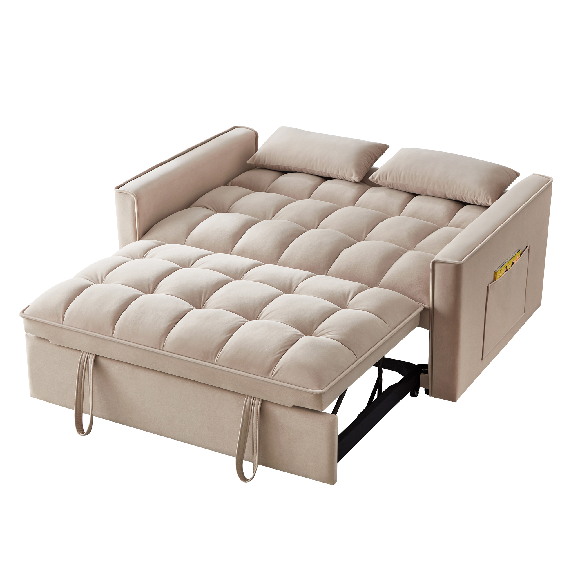 4 in1 Loveseat Sofa Bed with Armrests & Storage Pockets, Multi-Function Tufted Pull-out Sofa Bed with Adjustable Backrest and Pillows, Convertible Loveseat Sofa Couch,Taupe