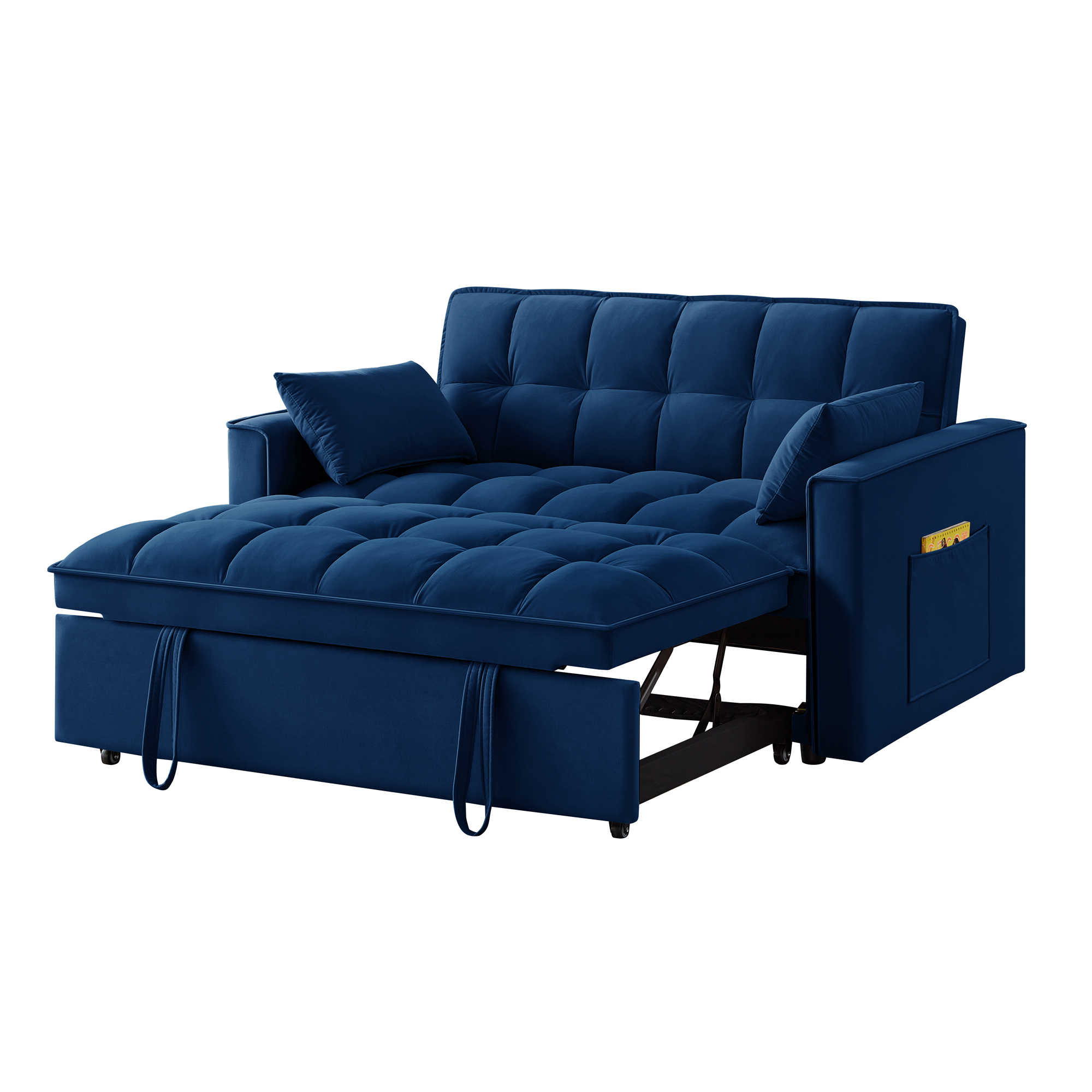 4 in1 Loveseat Sofa Bed with Armrests & Storage Pockets, Multi-Function Tufted Pull-out Sofa Bed with Adjustable Backrest and Pillows, Convertible Loveseat Sofa Couch, Navy