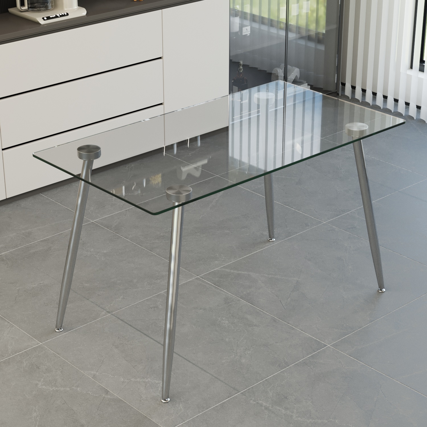 Glass Dining Table, Modern Rectangular Table with Tempered Glass Tabletop & Sliver metal Legs, Simplistic Kitchen Table, 51 x 27.5 x 29.5 Inch, Versatile Table for Home Office