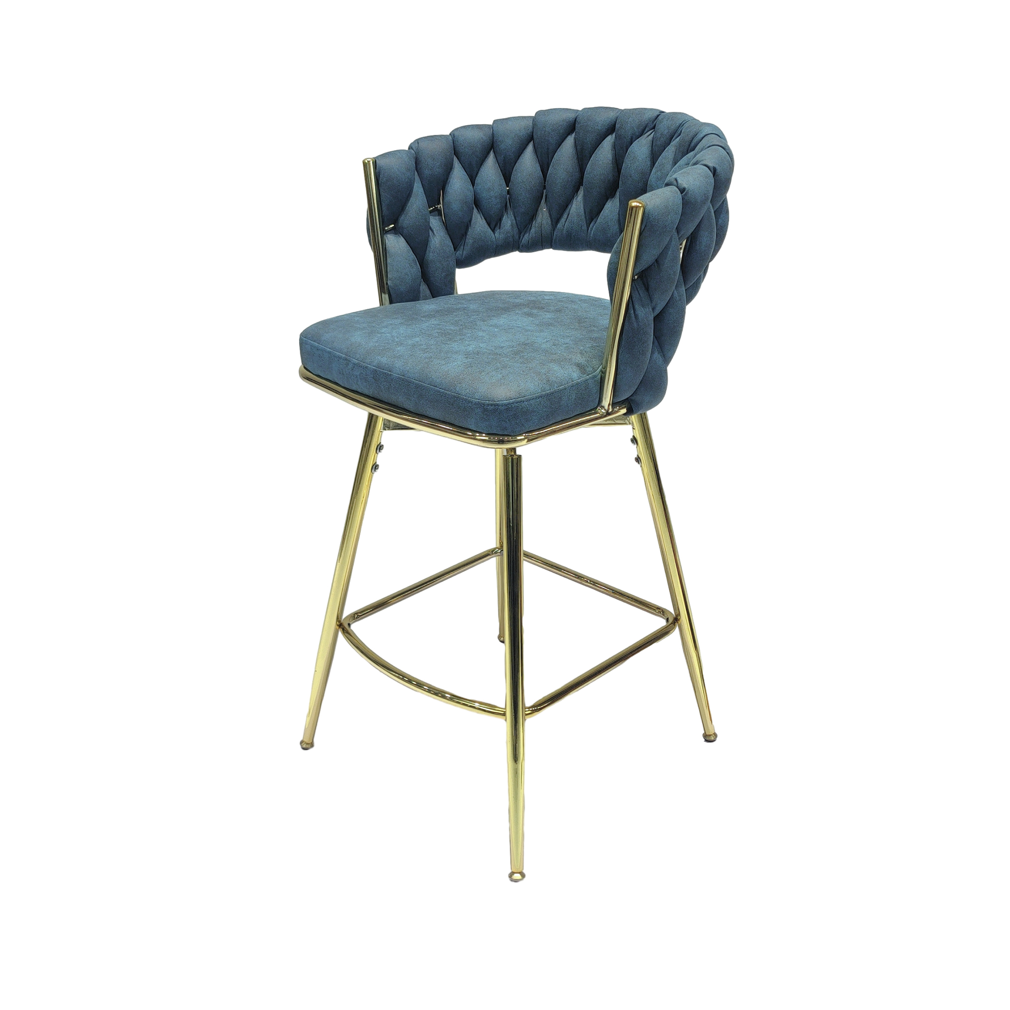 Bar Chair Suede Woven Bar Stool Set of 2,Golden legs Barstools No Adjustable Kitchen Island Chairs,360 Swivel Bar Stools Upholstered Bar Chair Counter Stool Arm Chairs with Back Footrest, (Blue)