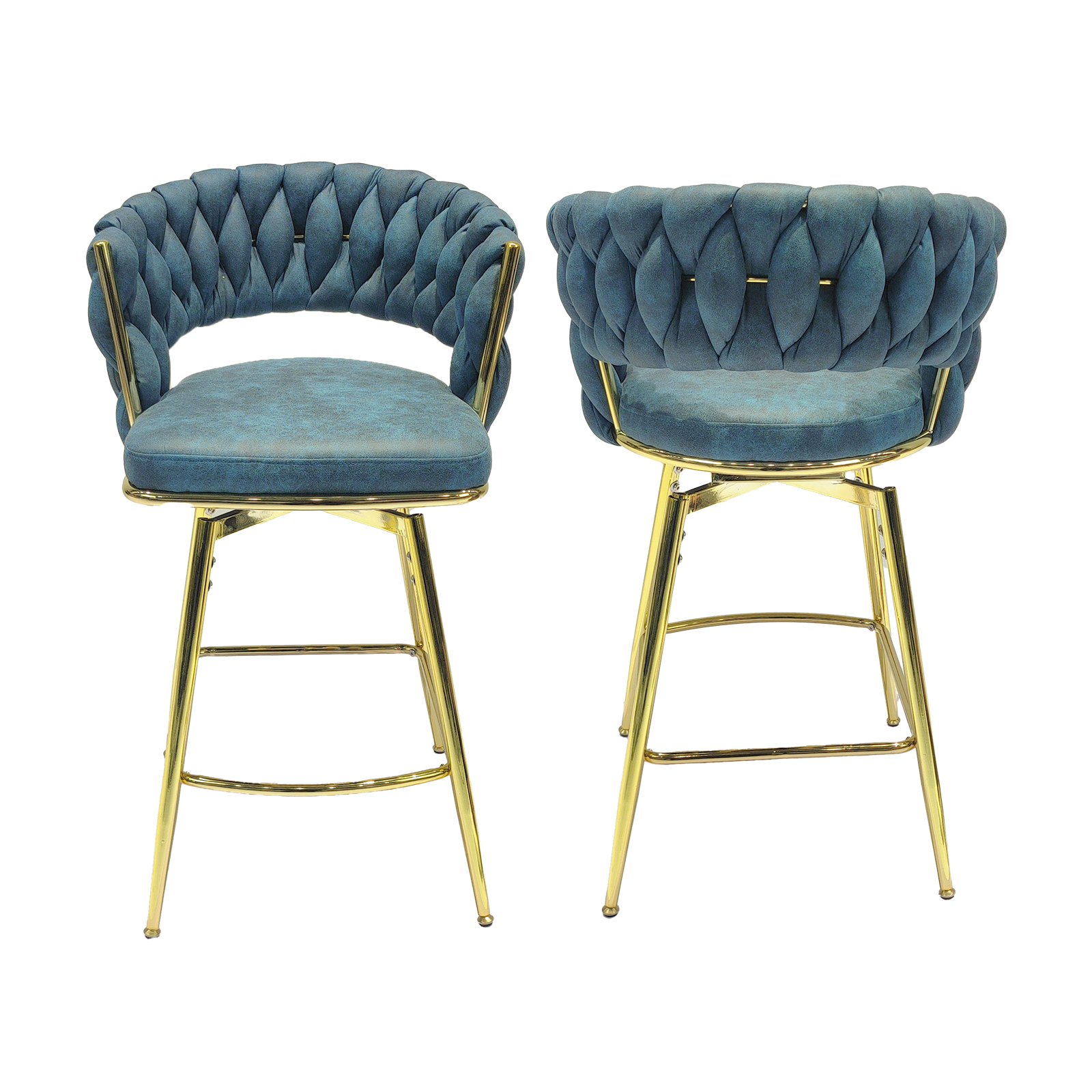 Bar Chair Suede Woven Bar Stool Set of 2,Golden legs Barstools No Adjustable Kitchen Island Chairs,360 Swivel Bar Stools Upholstered Bar Chair Counter Stool Arm Chairs with Back Footrest, (Blue)