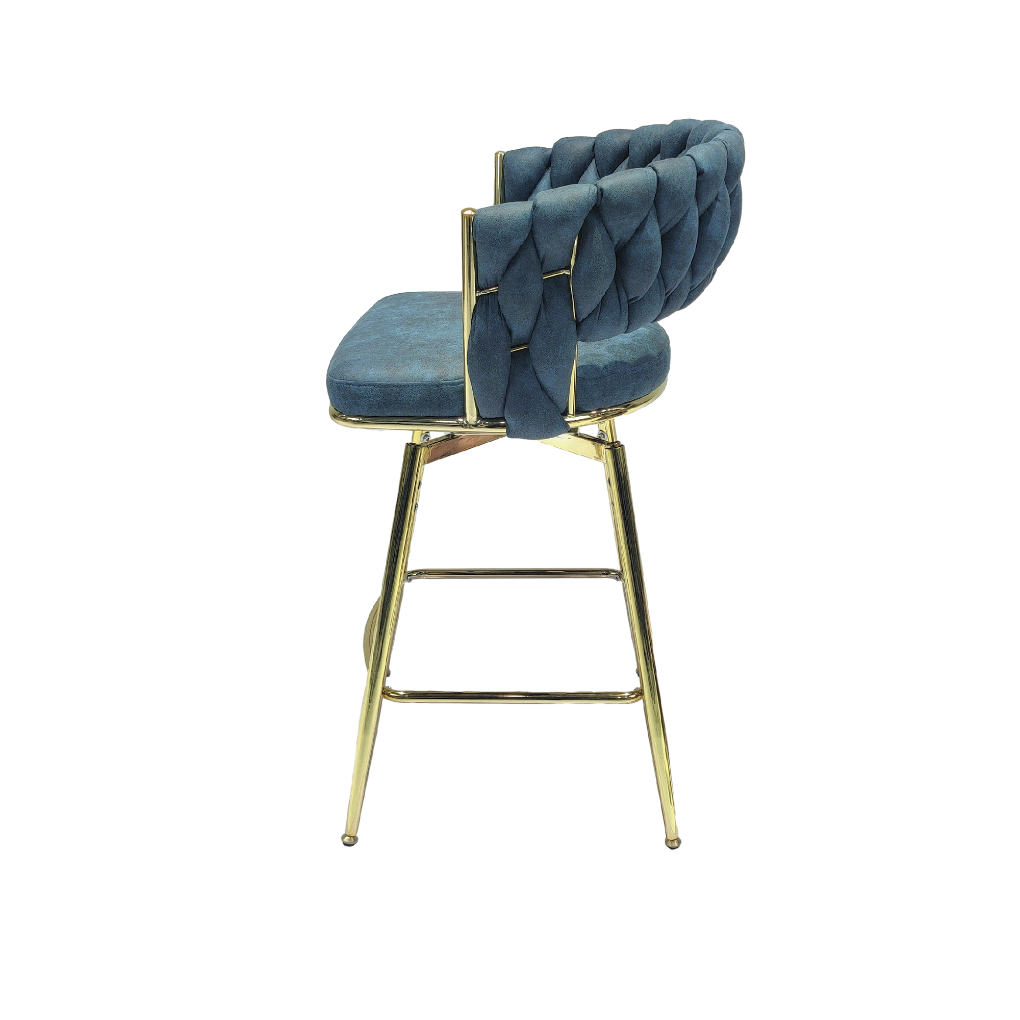 Bar Chair Suede Woven Bar Stool Set of 2,Golden legs Barstools No Adjustable Kitchen Island Chairs,360 Swivel Bar Stools Upholstered Bar Chair Counter Stool Arm Chairs with Back Footrest, (Blue)