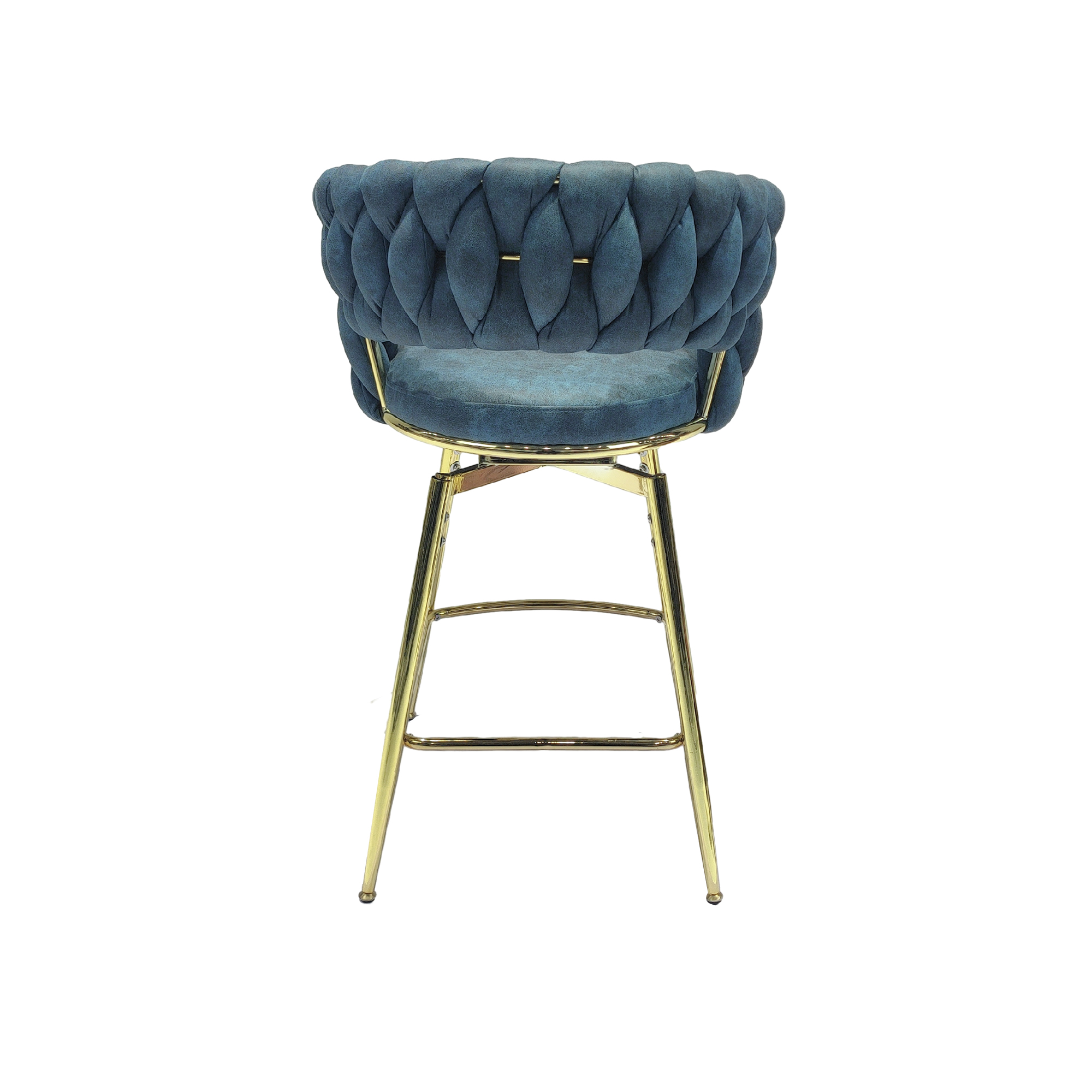 Bar Chair Suede Woven Bar Stool Set of 2,Golden legs Barstools No Adjustable Kitchen Island Chairs,360 Swivel Bar Stools Upholstered Bar Chair Counter Stool Arm Chairs with Back Footrest, (Blue)