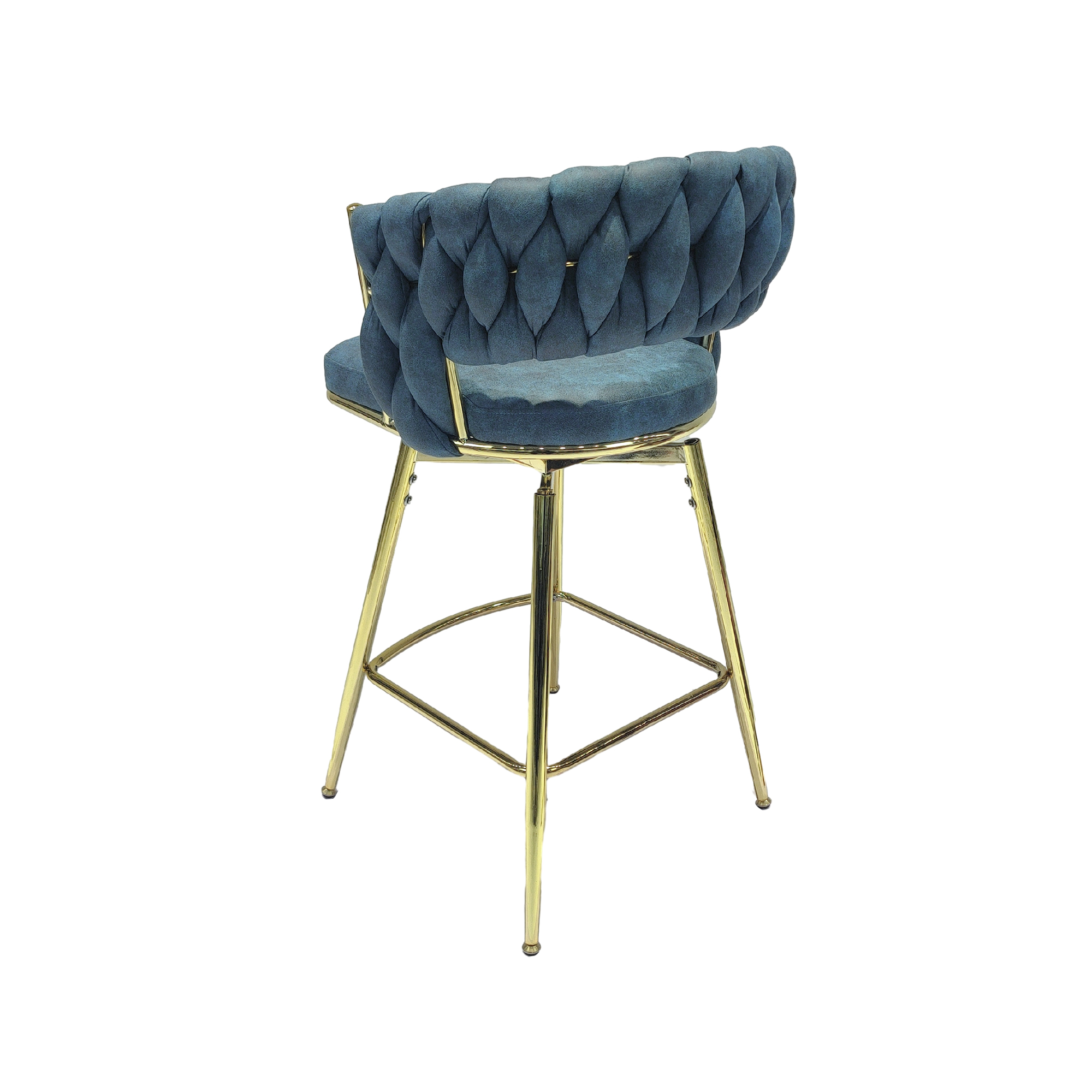 Bar Chair Suede Woven Bar Stool Set of 2,Golden legs Barstools No Adjustable Kitchen Island Chairs,360 Swivel Bar Stools Upholstered Bar Chair Counter Stool Arm Chairs with Back Footrest, (Blue)