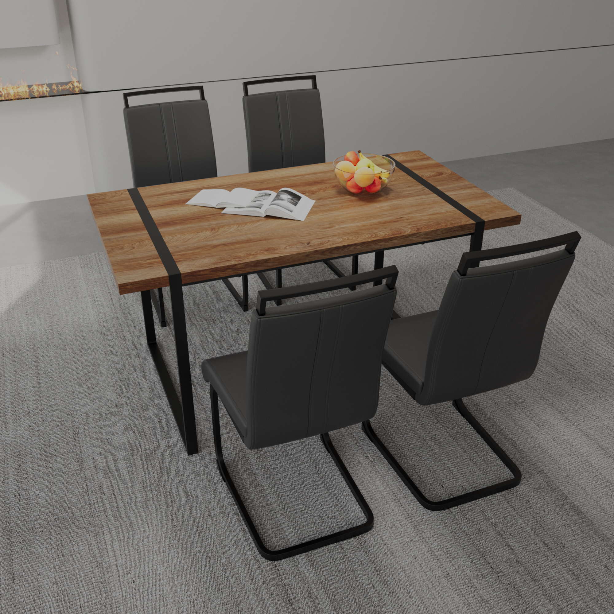 59 "Rural Industrial Rectangular MDF Wood Color Dining Table Set and PU Armless Dining Chair Set 4. Kitchen Black Metal Table Leg Dining Chair Set