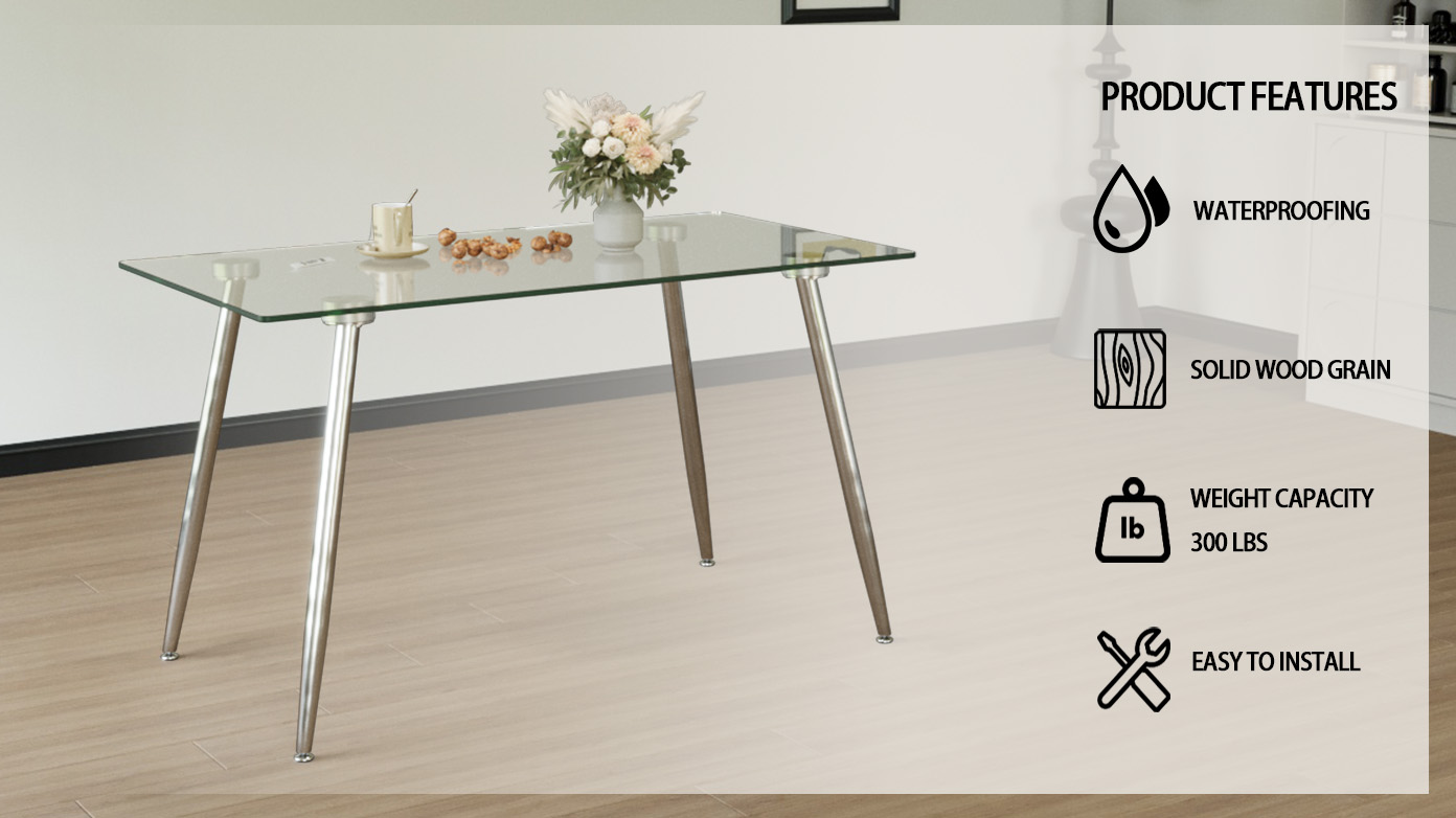 Glass Dining Table, Modern Rectangular Table with Tempered Glass Tabletop & Sliver metal Legs, Simplistic Kitchen Table, 51 x 27.5 x 29.5 Inch, Versatile Table for Home Office