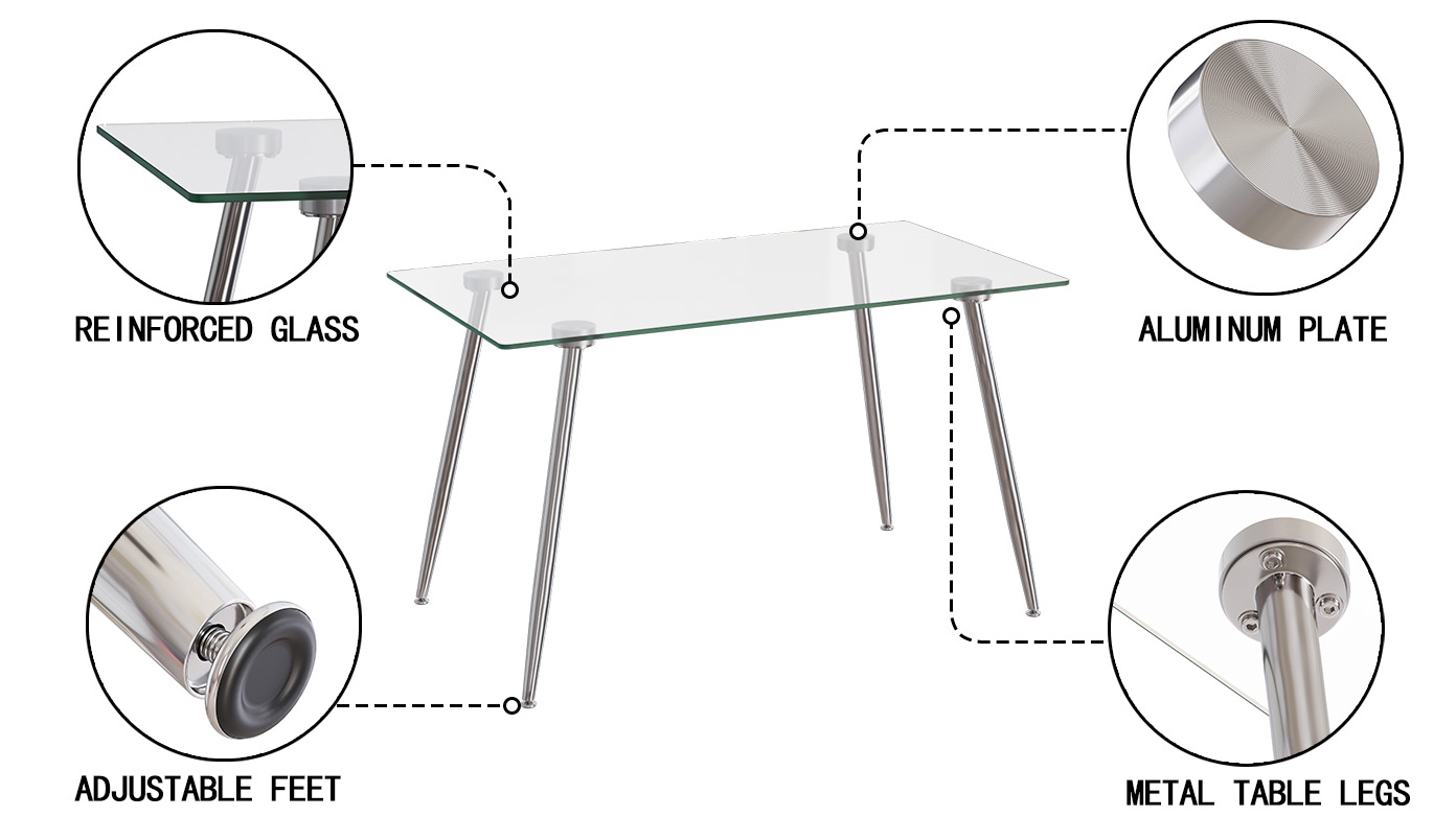 Glass Dining Table, Modern Rectangular Table with Tempered Glass Tabletop & Sliver metal Legs, Simplistic Kitchen Table, 51 x 27.5 x 29.5 Inch, Versatile Table for Home Office