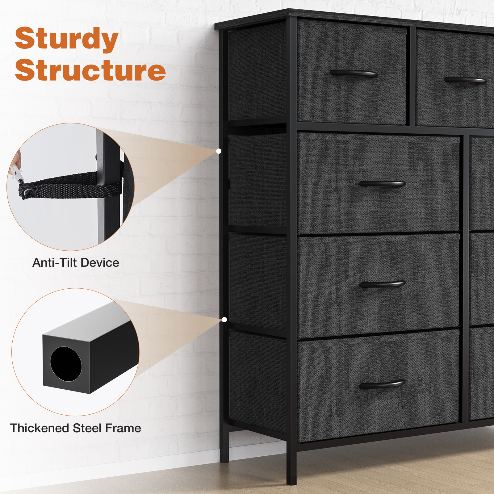 Sweetcrispy 9 Tall Fabric Clothes Cabinet Storage Organizers and Wood Top Surface Table Chest of Drawers, Living Room, Hallway, Porch, Kids Bedroom Dresser, Black