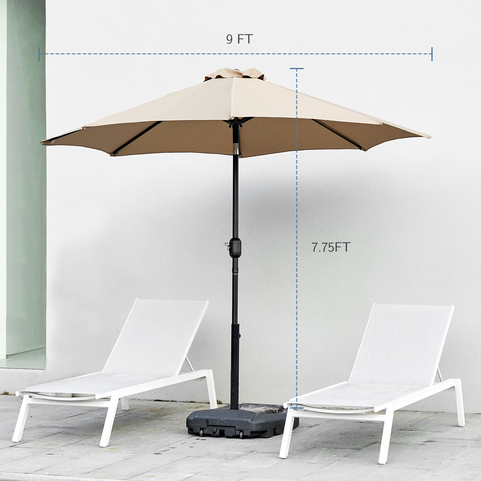 9 foot outdoor patio umbrella with button tilt and crank, Outdoor patio/market table umbrella UV protected and waterproof, khaki