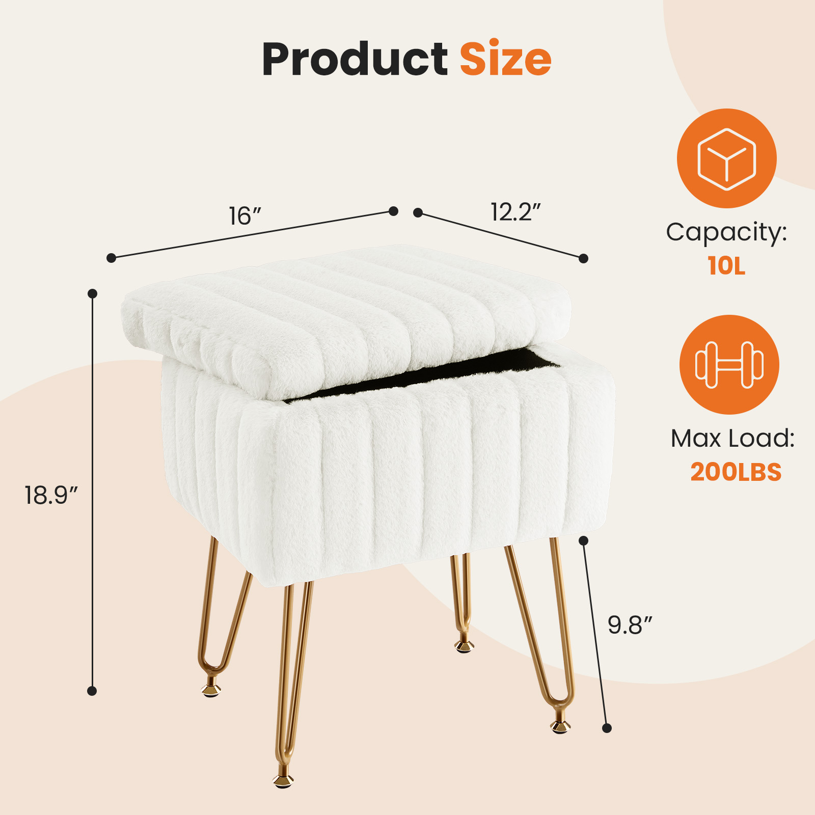 Vanity Stool Chair with Storage, Ottoman Faux Fur Soft Padded Makeup Footstools Seat with 4 Metal Legs Anti-Slip Adjustable Feet Modern,white