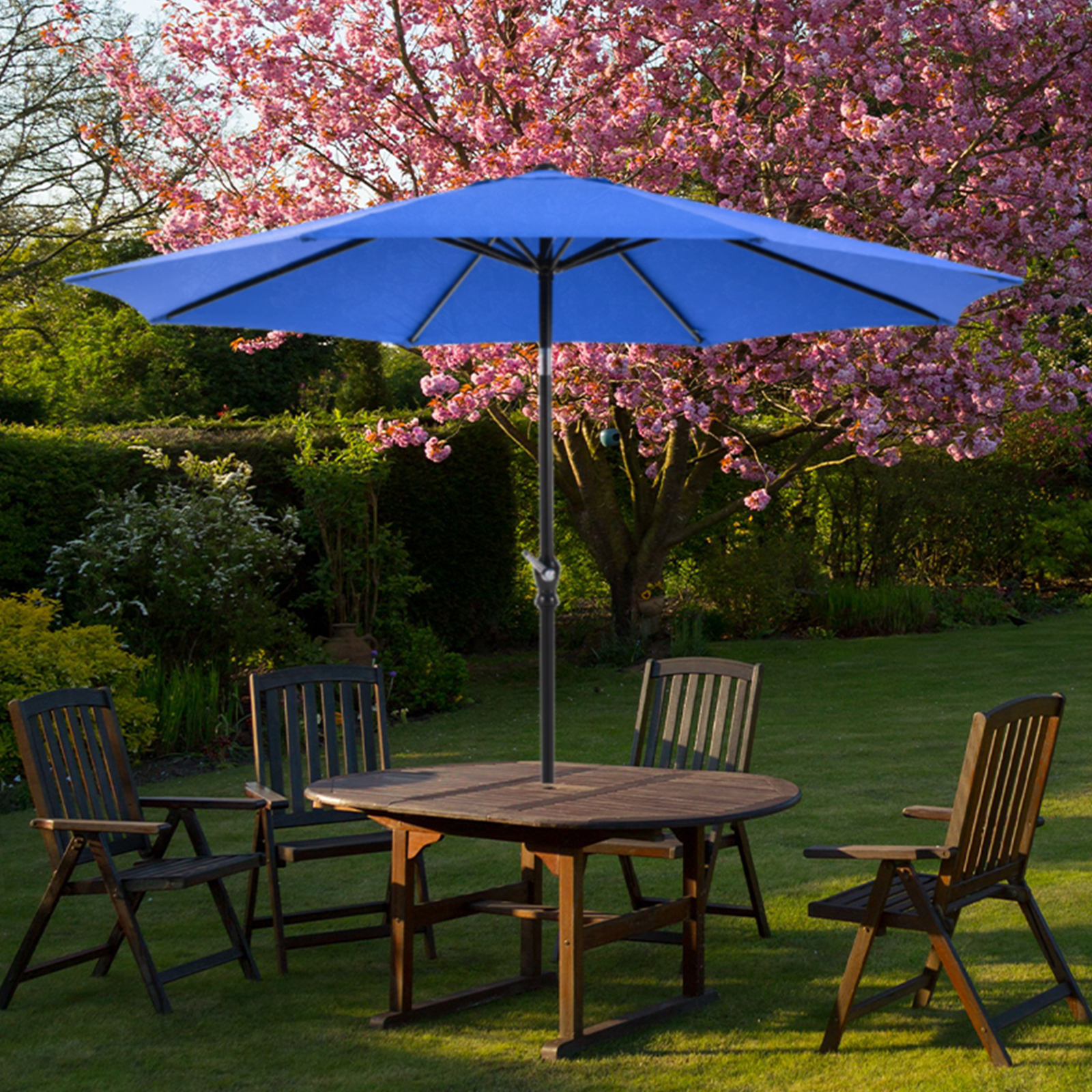 9 foot outdoor patio umbrella with button tilt and crank, Outdoor patio/market table umbrella UV protected and waterproof, blue