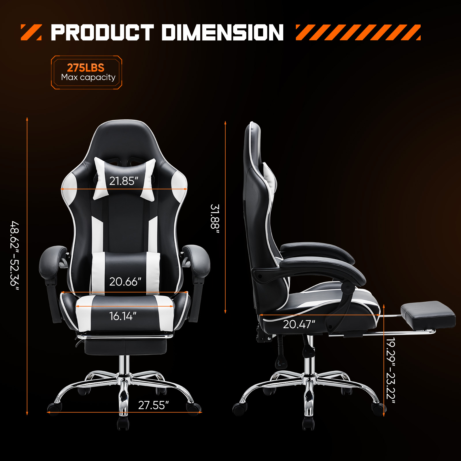 Video Game Desk Chair - Ergonomic Computer with Footrest and Comfy Lumbar Support, PU Leather Recliner with Headrest, Fixed Up Armrest, Height Adjustable with 360° Swivel, for Adults, white